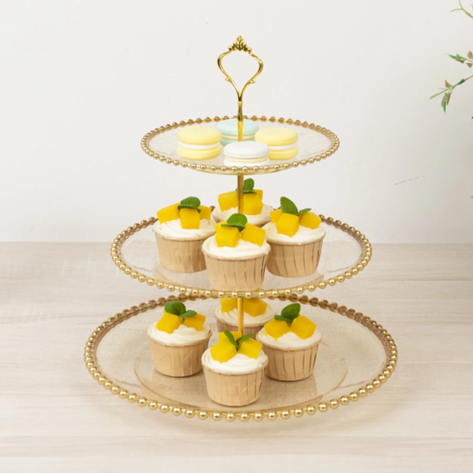 Clear Gold Glittered 3-Tier Round Plastic Cupcake Tower Stand with Gold Beaded Rim, Dessert Display Tea Party Serving Platter With Top Handle - 14"