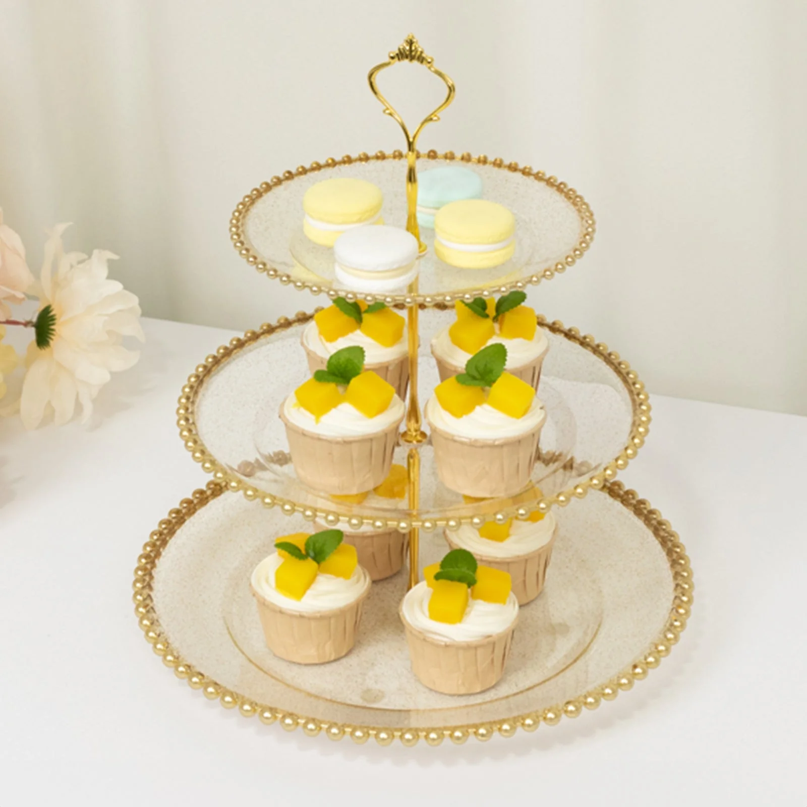 Clear Gold Glittered 3-Tier Round Plastic Cupcake Tower Stand with Gold Beaded Rim, Dessert Display Tea Party Serving Platter With Top Handle - 14" - Image 10