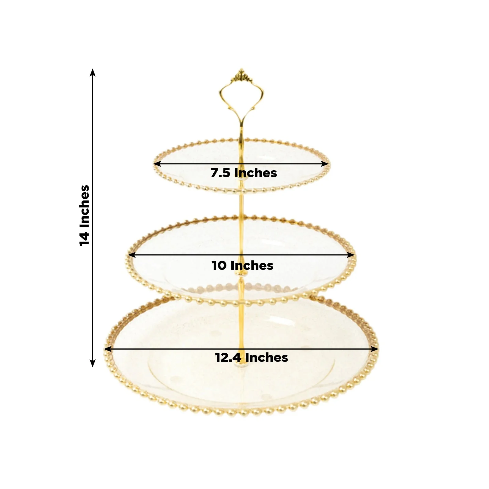 Clear Gold Glittered 3-Tier Round Plastic Cupcake Tower Stand with Gold Beaded Rim, Dessert Display Tea Party Serving Platter With Top Handle - 14" - Image 2