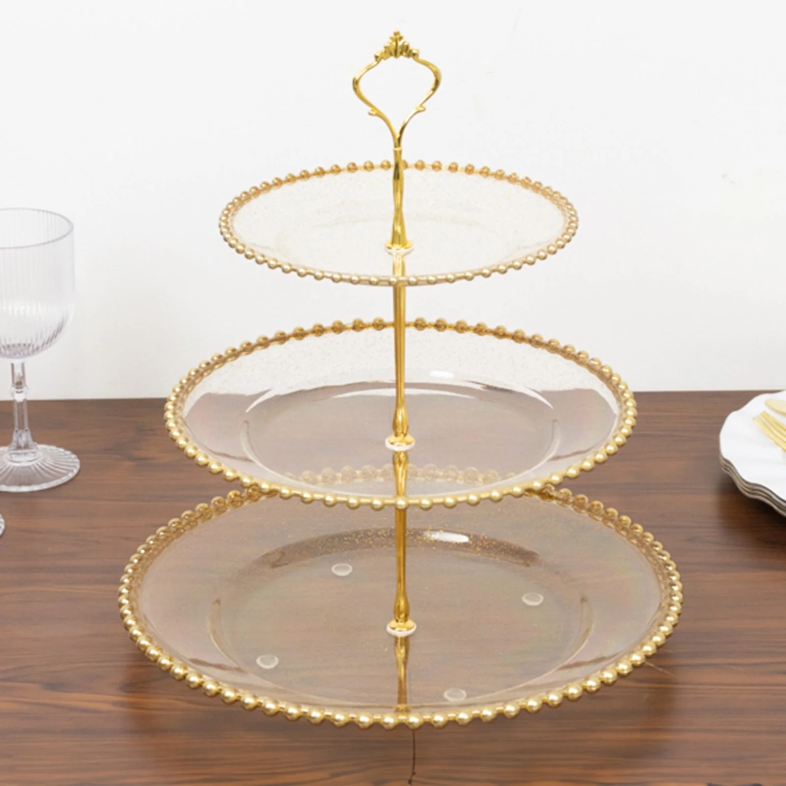 Clear Gold Glittered 3-Tier Round Plastic Cupcake Tower Stand with Gold Beaded Rim, Dessert Display Tea Party Serving Platter With Top Handle - 14" - Image 6
