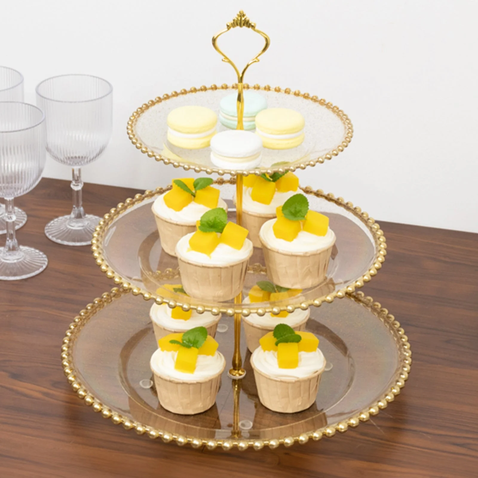 Clear Gold Glittered 3-Tier Round Plastic Cupcake Tower Stand with Gold Beaded Rim, Dessert Display Tea Party Serving Platter With Top Handle - 14" - Image 7