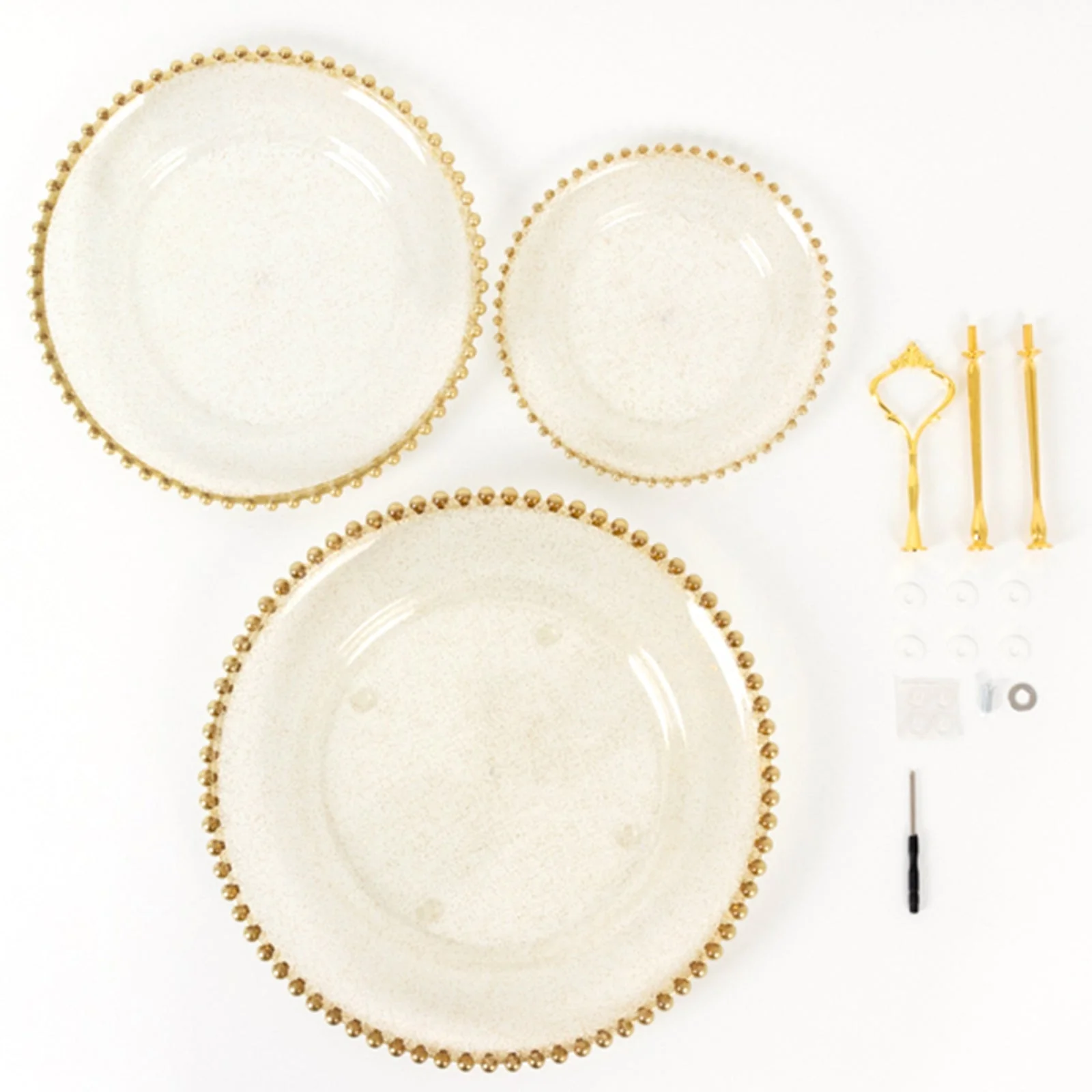 Clear Gold Glittered 3-Tier Round Plastic Cupcake Tower Stand with Gold Beaded Rim, Dessert Display Tea Party Serving Platter With Top Handle - 14" - Image 9
