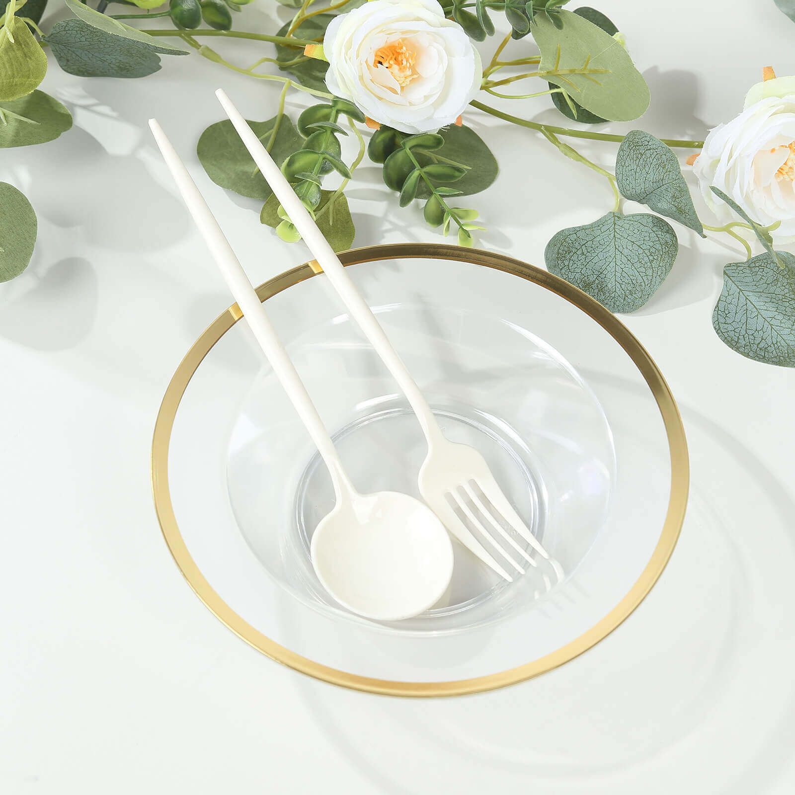 20-Pack Clear Plastic Salad Soup Bowls 12oz, Gold Rim Round Design - Disposable Dessert Serving Bowls - Image 2