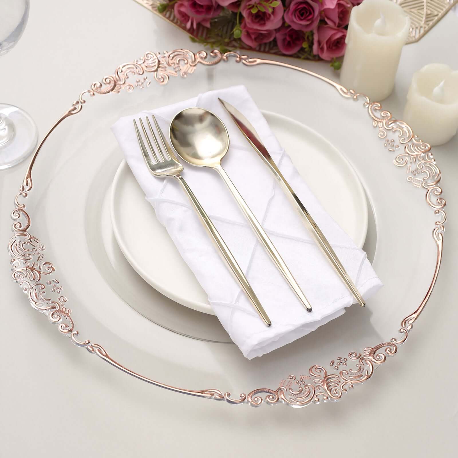 6-Pack Acrylic Charger Plates 13" Round Clear with Rose Gold Embossed Baroque Rim - Antique Decorative Dinner Tableware - Image 2