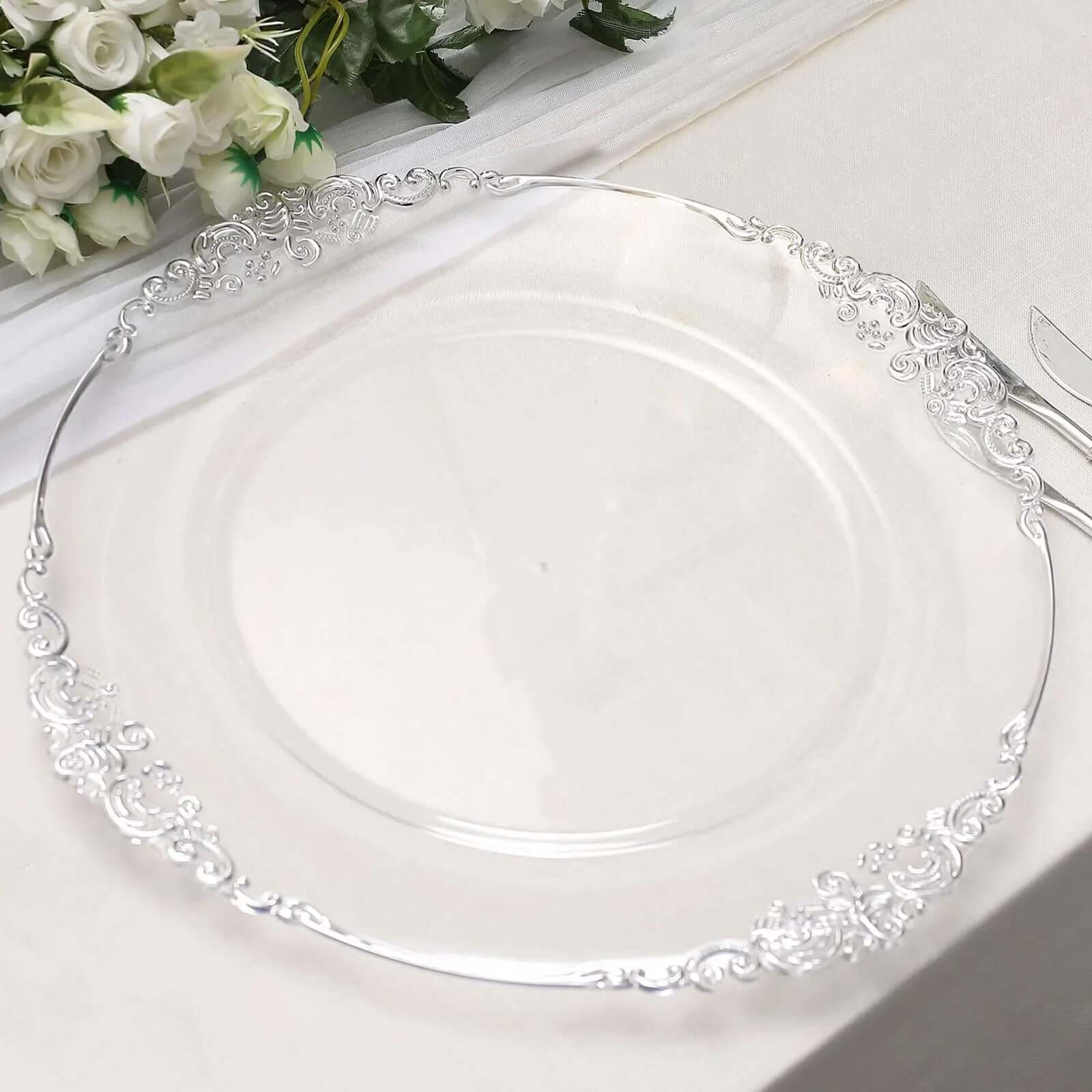 6-Pack Acrylic Charger Plates 13" Round Clear with Silver Embossed Baroque Rim - Antique Decorative Dinner Tableware - Image 2