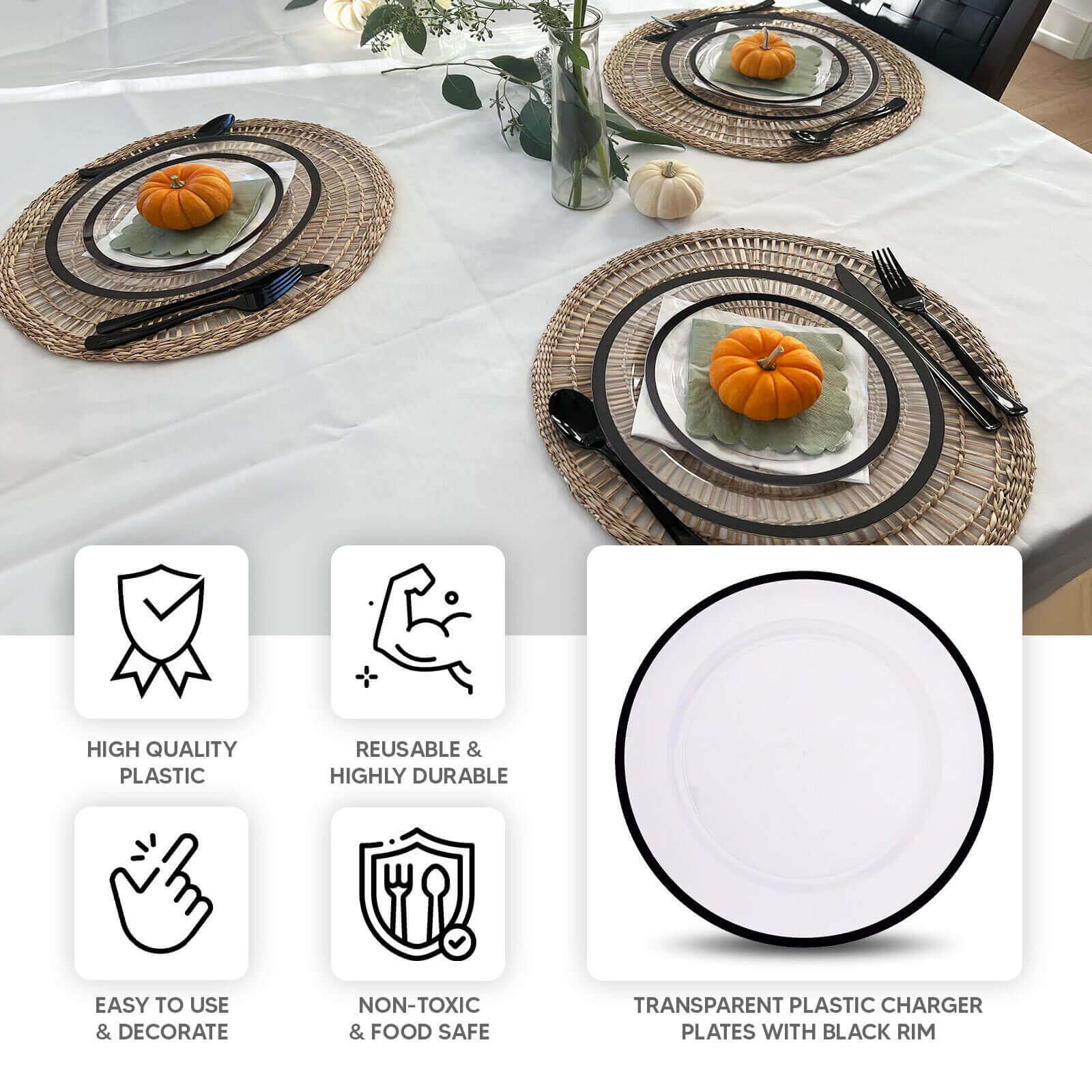 10-Pack Economy Plastic Charger Plates 12" Round Clear with Wide Black Rim - Dinner Party Serving Plates - Image 3