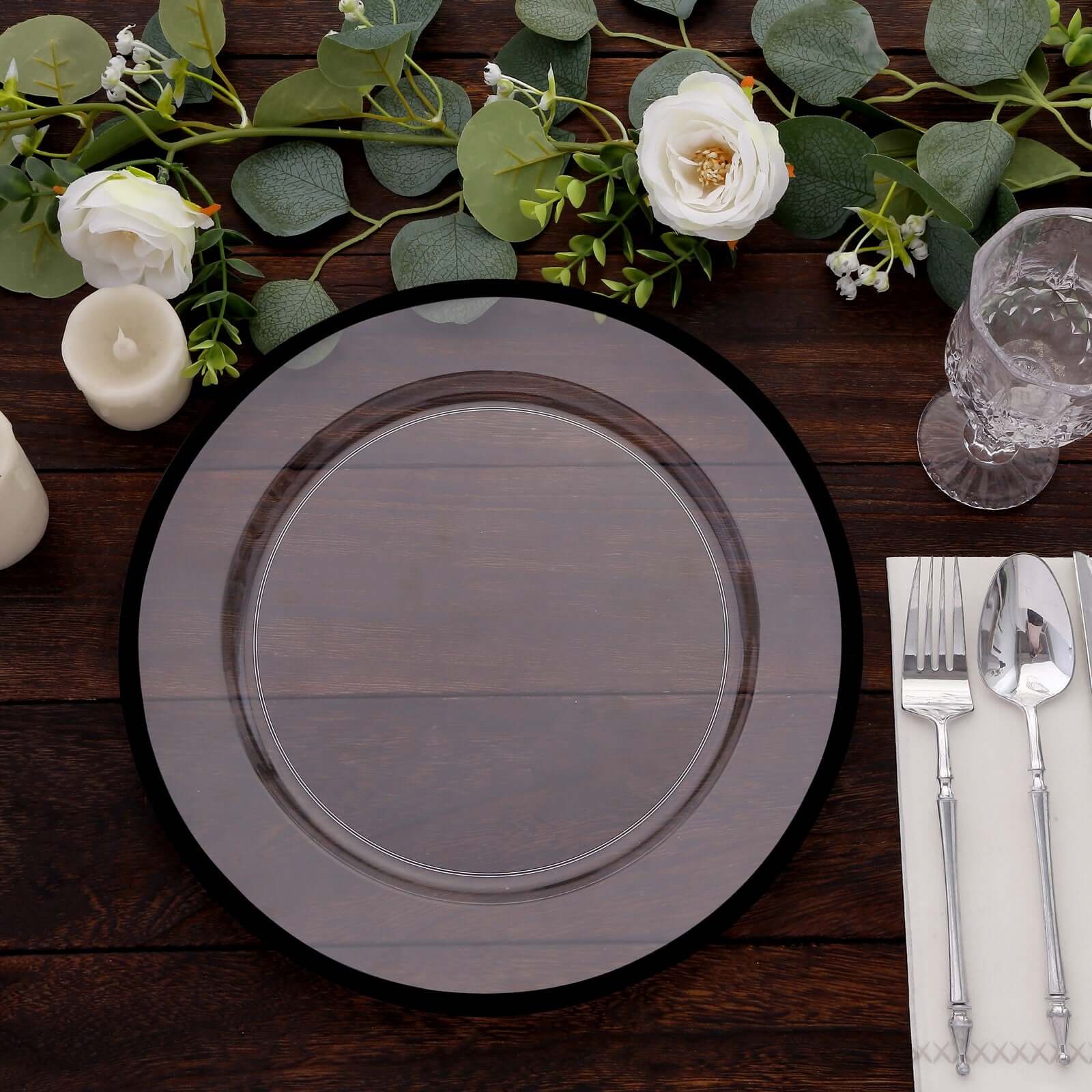 10-Pack Economy Plastic Charger Plates 12" Round Clear with Wide Black Rim - Dinner Party Serving Plates - Image 8