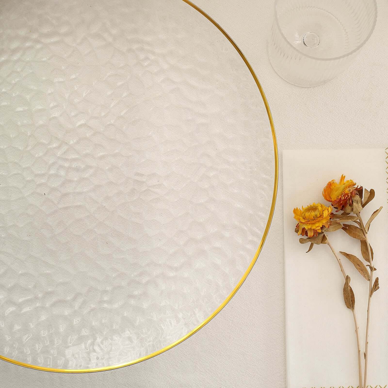6-Pack Economy Plastic Charger Plates 13" Round Clear Hammered Design with Gold Rim - Decorative Dinner Party Serving Plates - Image 10
