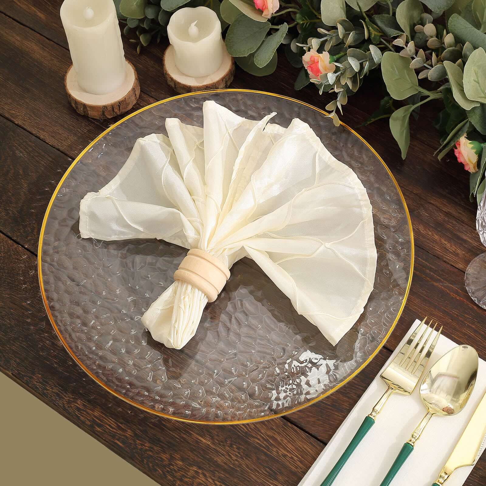 6-Pack Economy Plastic Charger Plates 13" Round Clear Hammered Design with Gold Rim - Decorative Dinner Party Serving Plates - Image 2