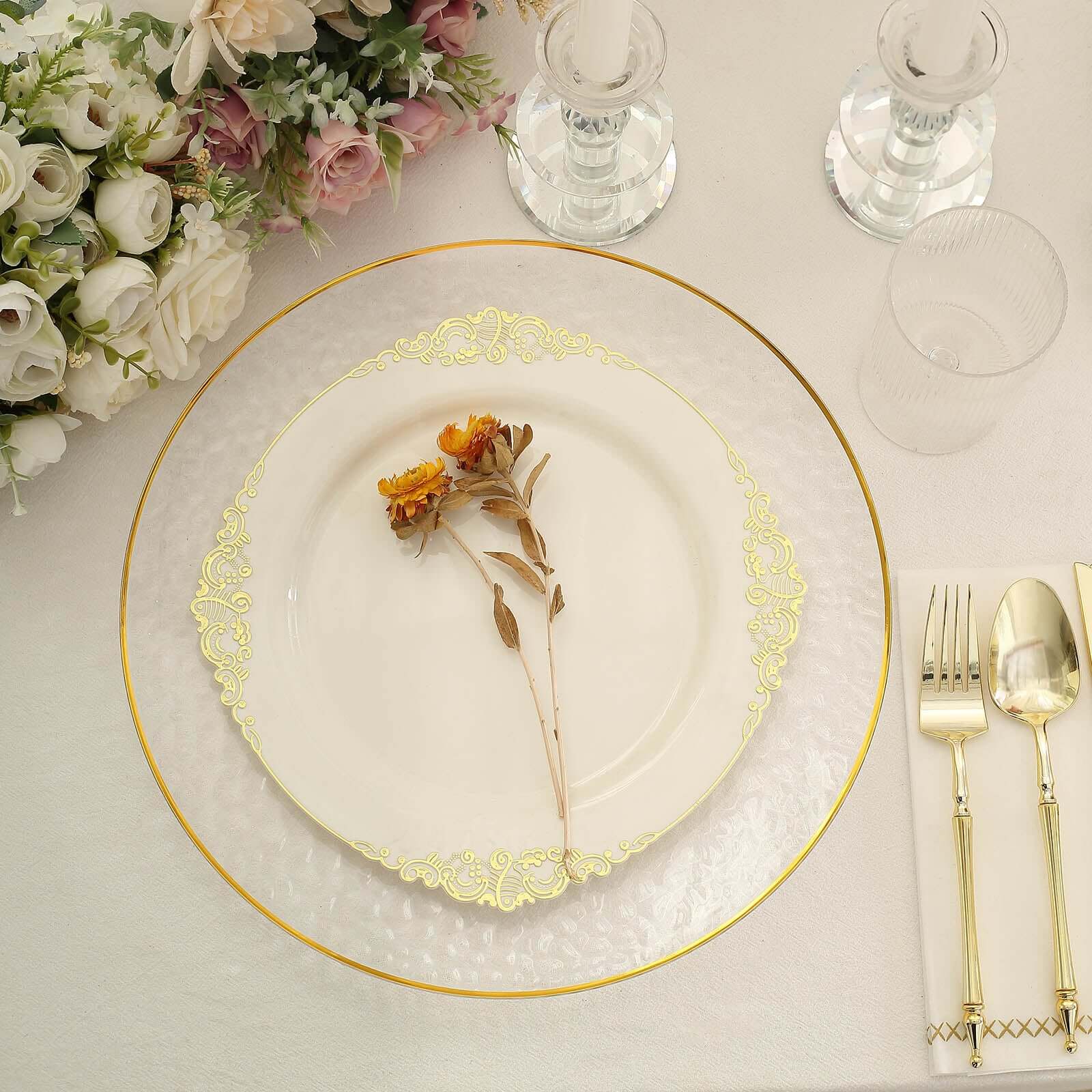 6-Pack Economy Plastic Charger Plates 13" Round Clear Hammered Design with Gold Rim - Decorative Dinner Party Serving Plates - Image 9