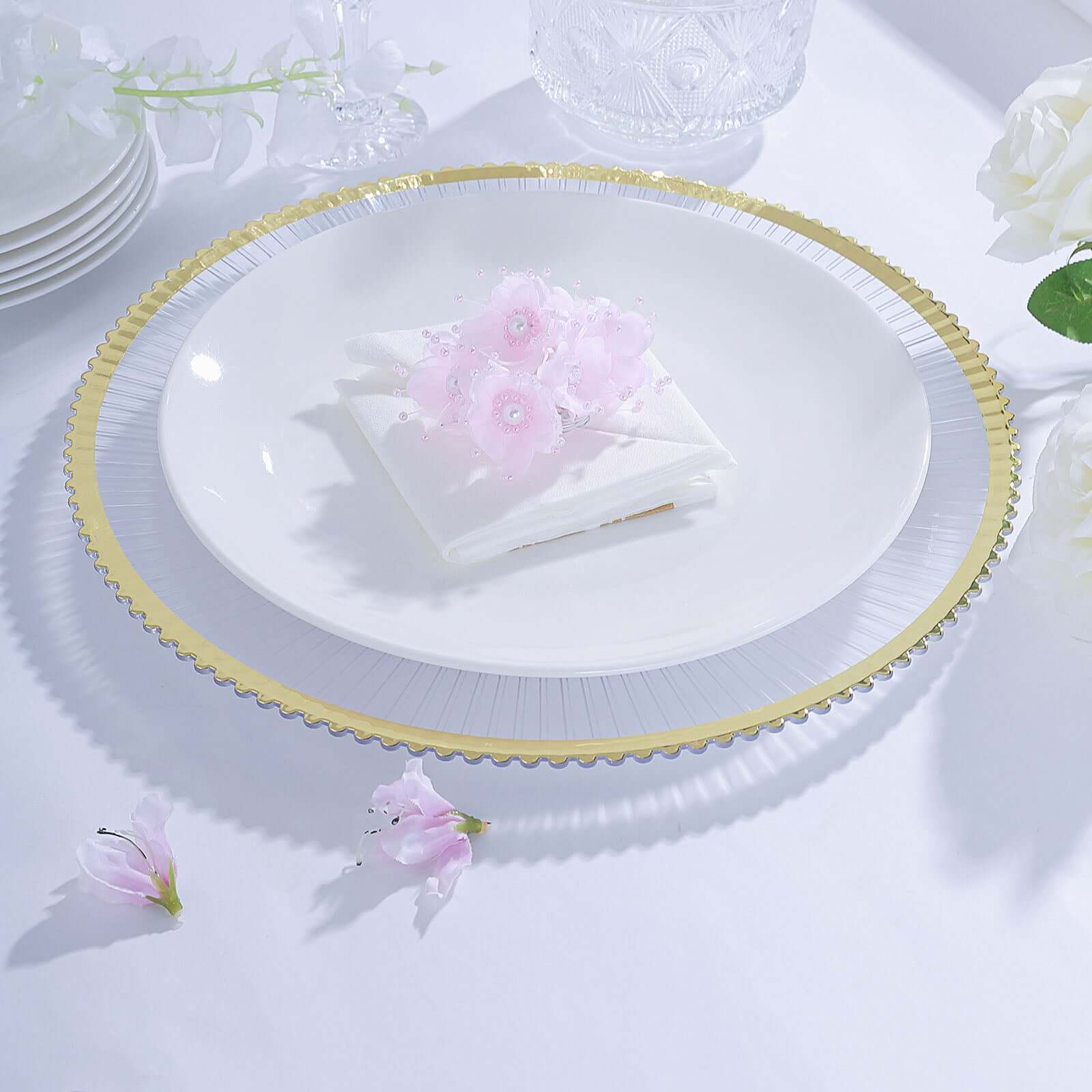 6-Pack Acrylic Plastic Charger Plates 13" Round Clear with Gold Sunray Wavy Rim - Exquisite Dinner Serving Plates - Image 2