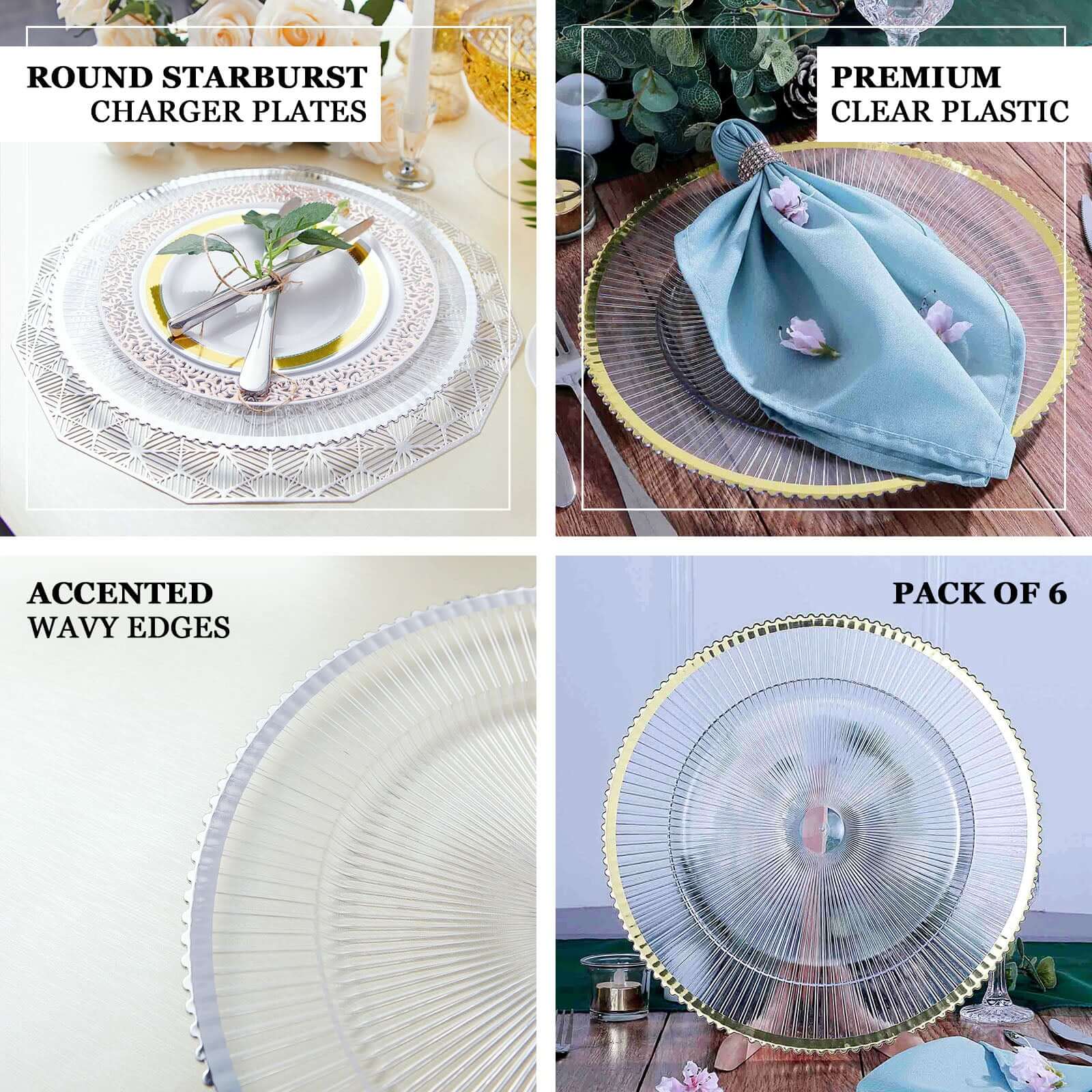 6-Pack Acrylic Plastic Charger Plates 13" Round Clear with Gold Sunray Wavy Rim - Exquisite Dinner Serving Plates - Image 4