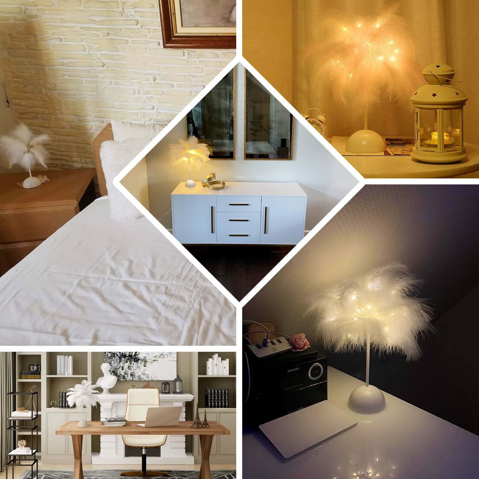 Cordless Table Lamp 15" LED Feather Design Hunter Emerald Green - Battery Operated Desk Light - Image 5