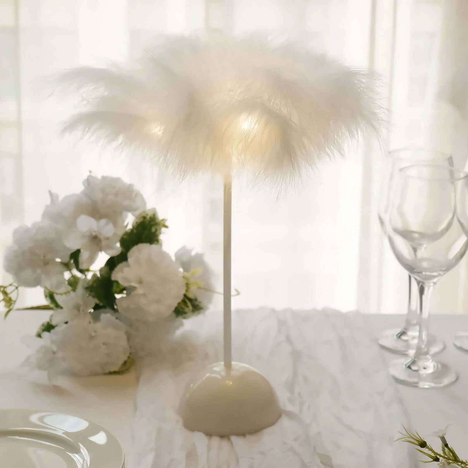 Cordless Table Lamp 15" LED Feather Design White - Battery Operated Wedding Desk Light - Image 2