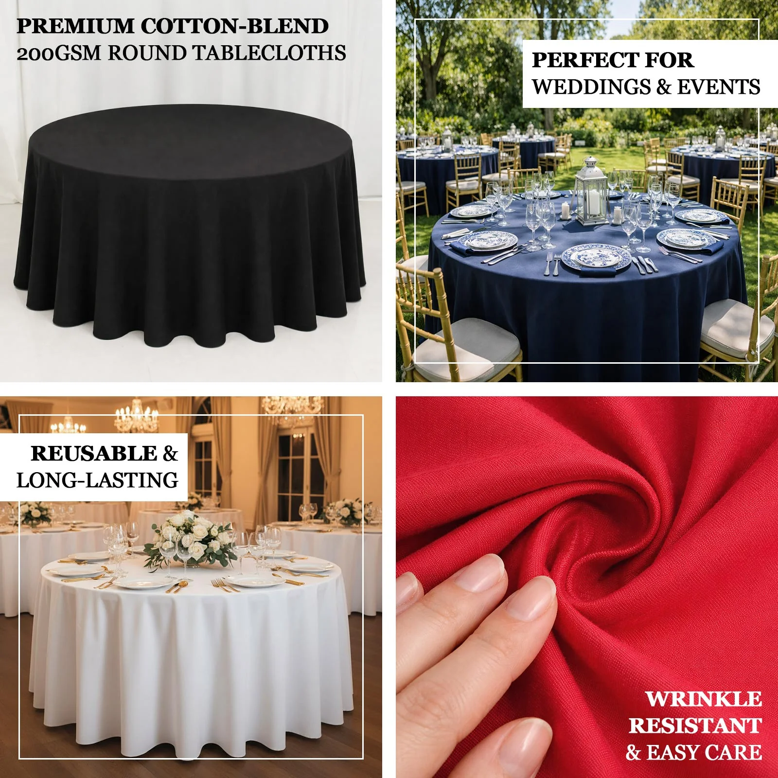 Cotton Blend Round Tablecloth 120" Navy Blue - Wrinkle-Resistant Finish Seamless Table Cover - Image 4