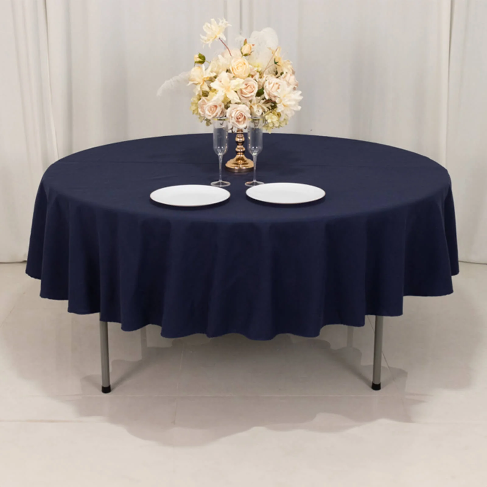 Cotton Blend Round Tablecloth 90" Navy Blue with Wrinkle-Resistant Fabric Table Cover - Image 6