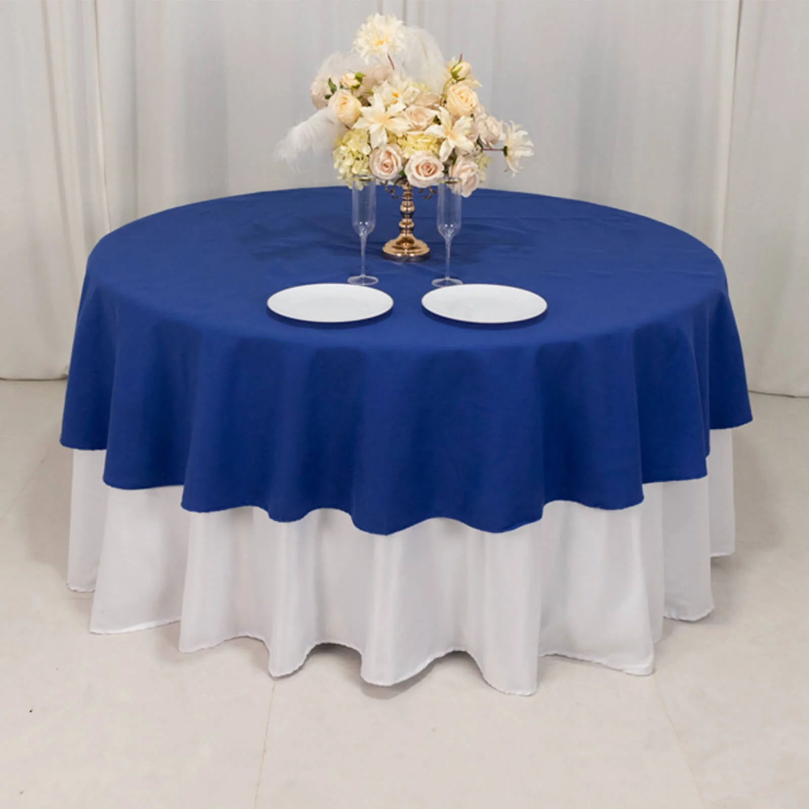 Cotton Blend Round Tablecloth 90" Royal Blue with Wrinkle-Resistant Fabric Table Cover - Image 2