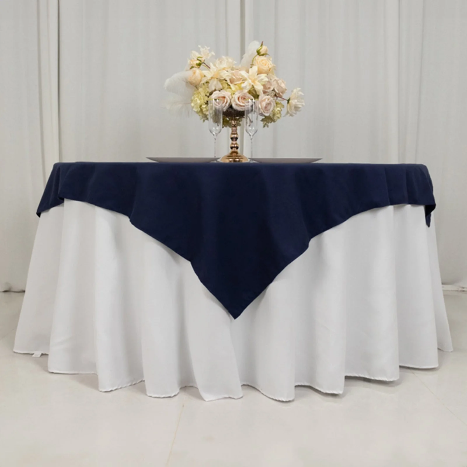 Cotton Blend Square Table Overlay 54"x54" Navy Blue - Wrinkle-Resistant and Durable Table Topper - Image 2
