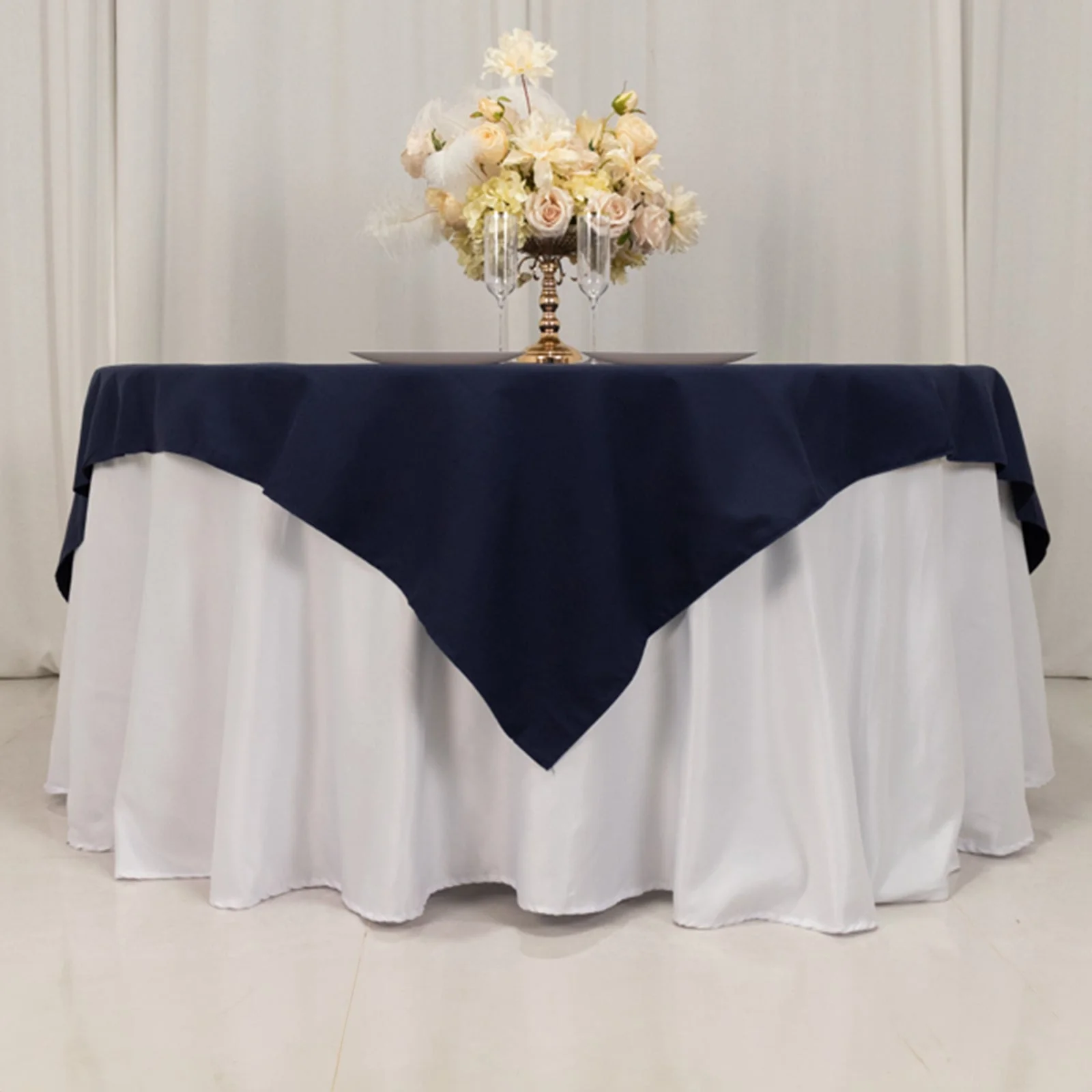 Cotton Blend Square Table Overlay 70"x70" Navy Blue with Wrinkle-Resistant Tablecloth Topper - Image 2