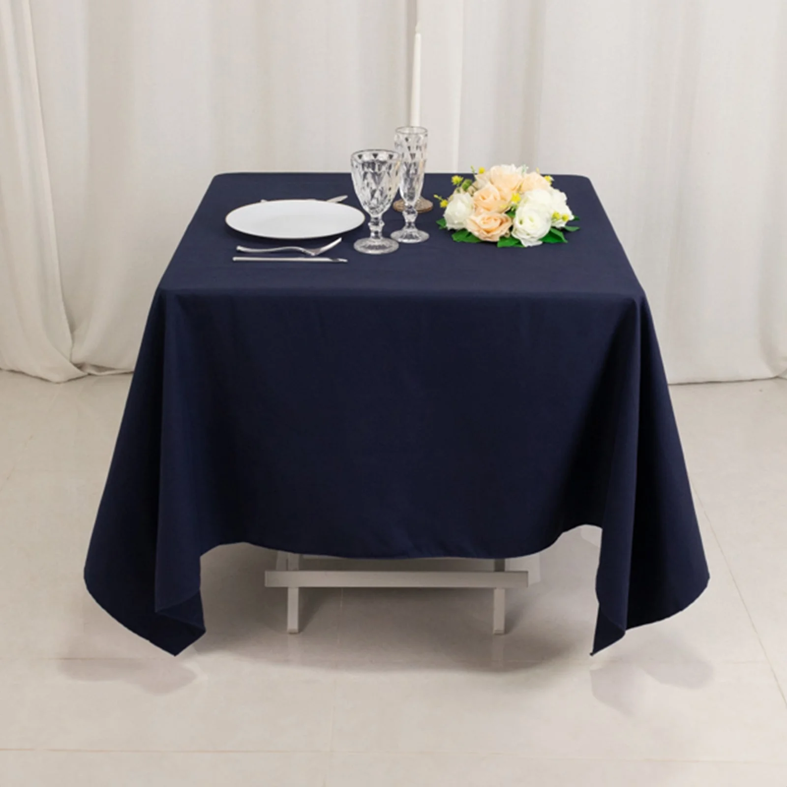 Cotton Blend Square Tablecloth 70"x70" Navy Blue with Wrinkle-Resistant Table Cover - Image 2
