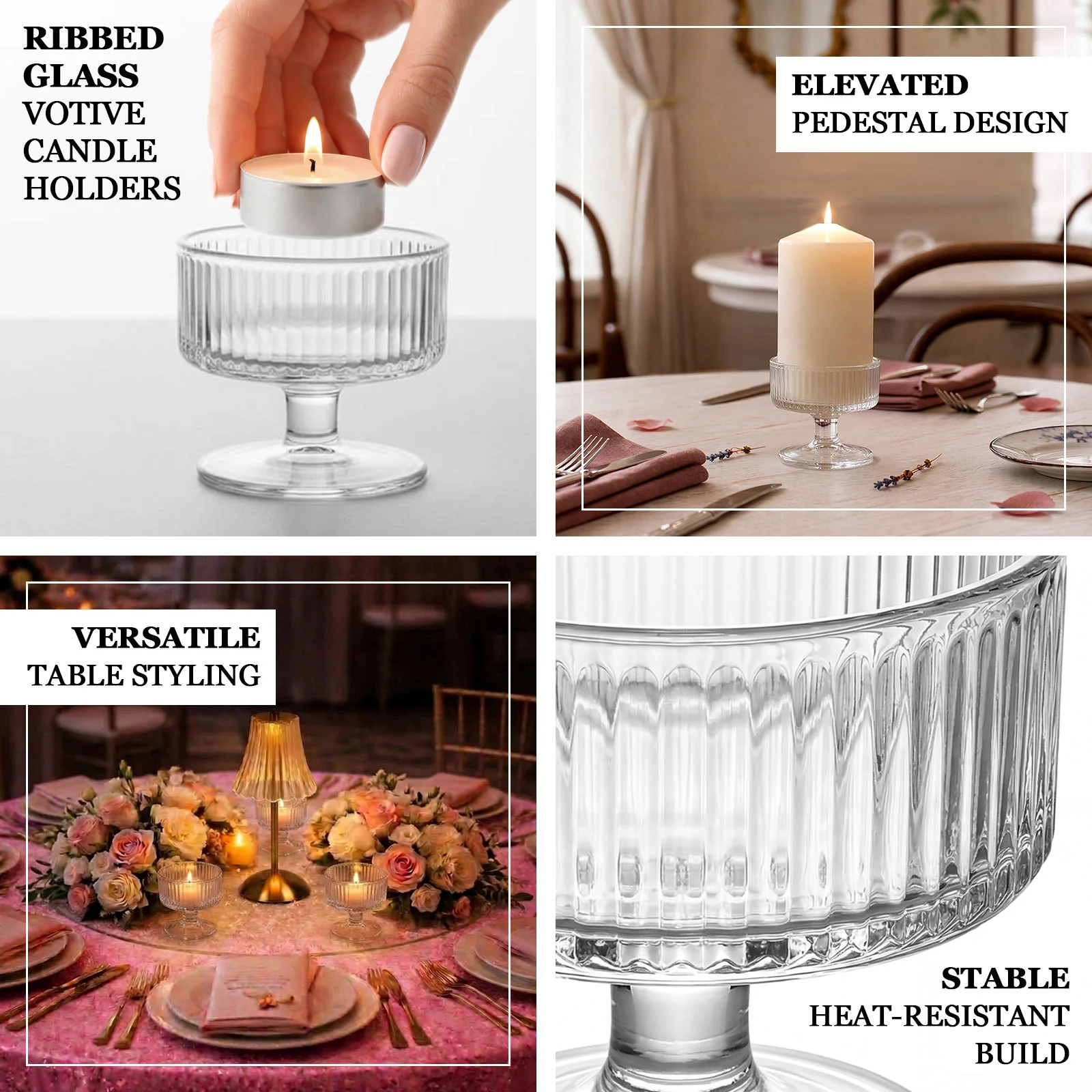 6 Pack Clear Ribbed Glass Candle Holders 3" – Vintage Coupe Pedestal Candle Cups for Floating & LED Candles, Table Centerpieces - Image 4