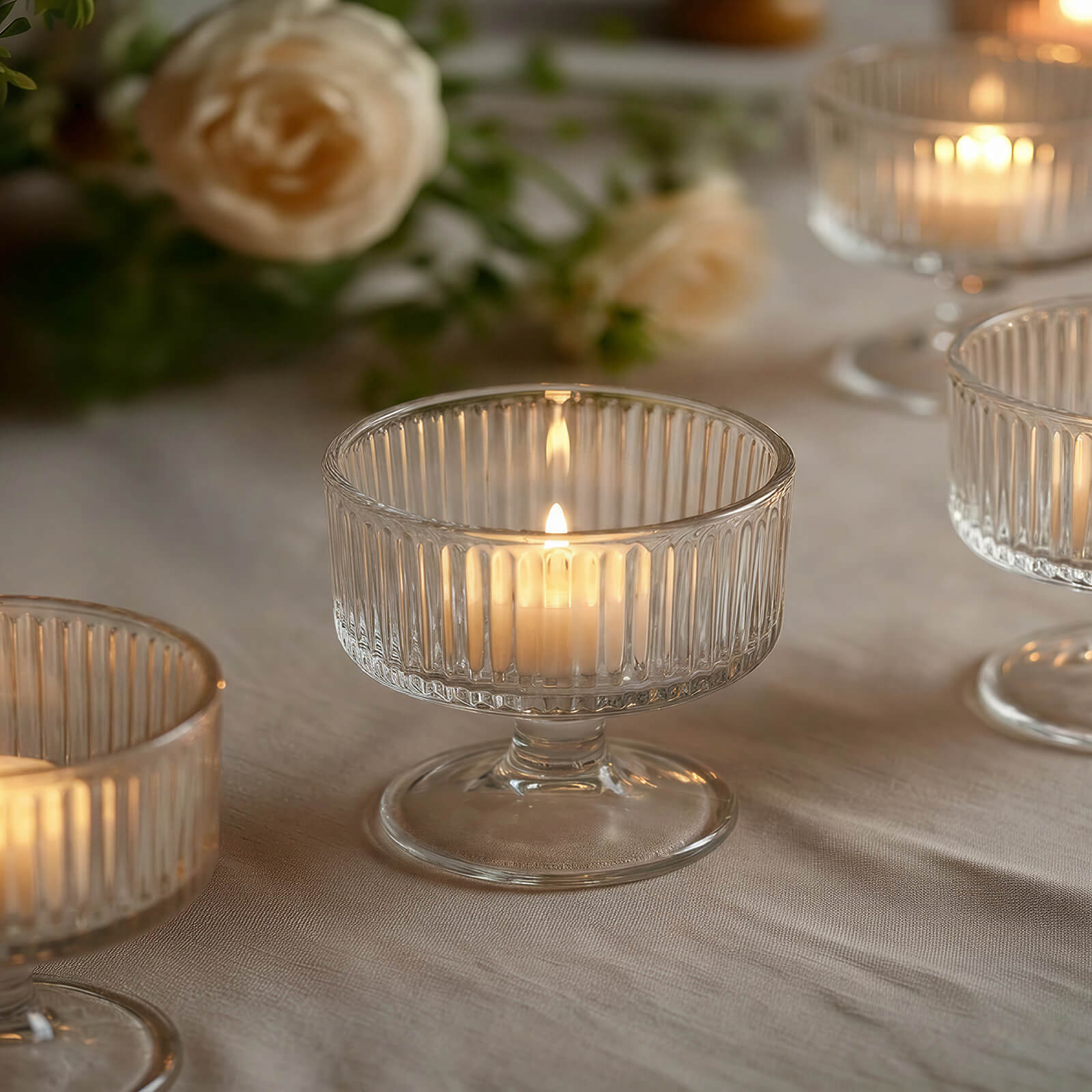 6 Pack Clear Ribbed Glass Candle Holders 3" – Vintage Coupe Pedestal Candle Cups for Floating & LED Candles, Table Centerpieces - Image 5