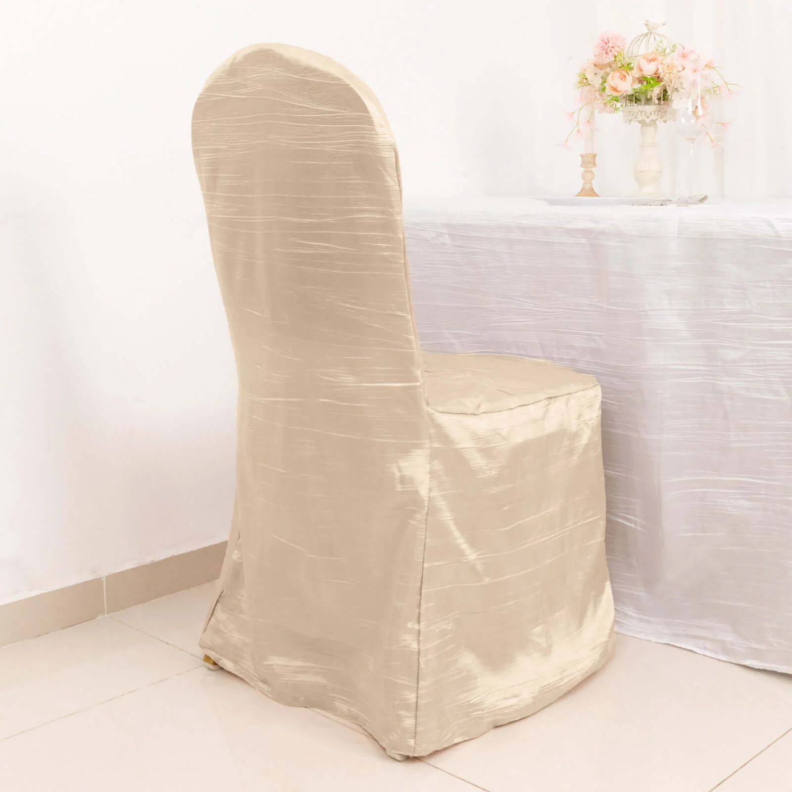Crinkle Crushed Taffeta Banquet Chair Cover Beige - Reusable Slipcover - Image 10