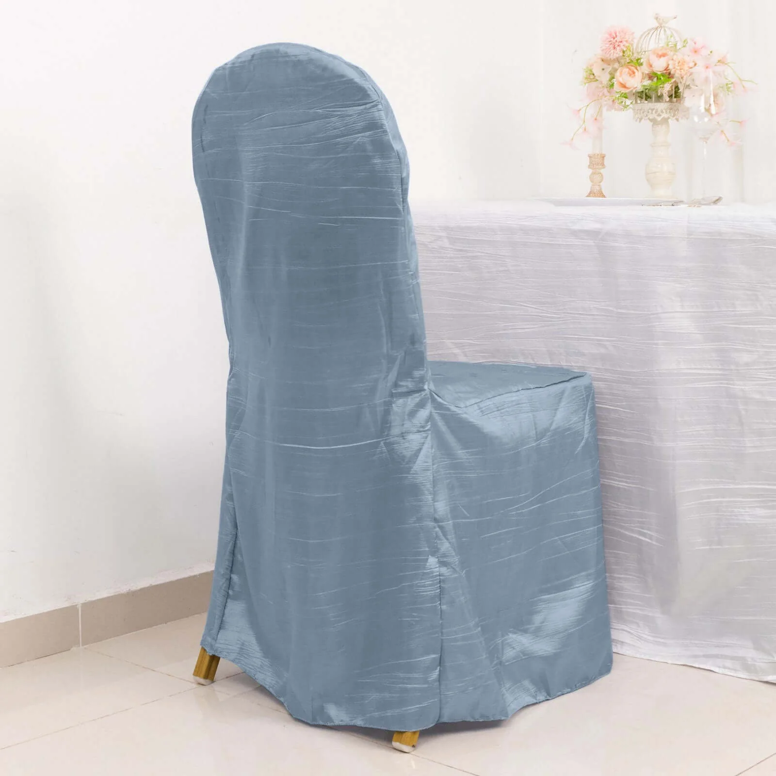 Crinkle Crushed Taffeta Banquet Chair Cover Dusty Blue - Reusable Slipcover - Image 10