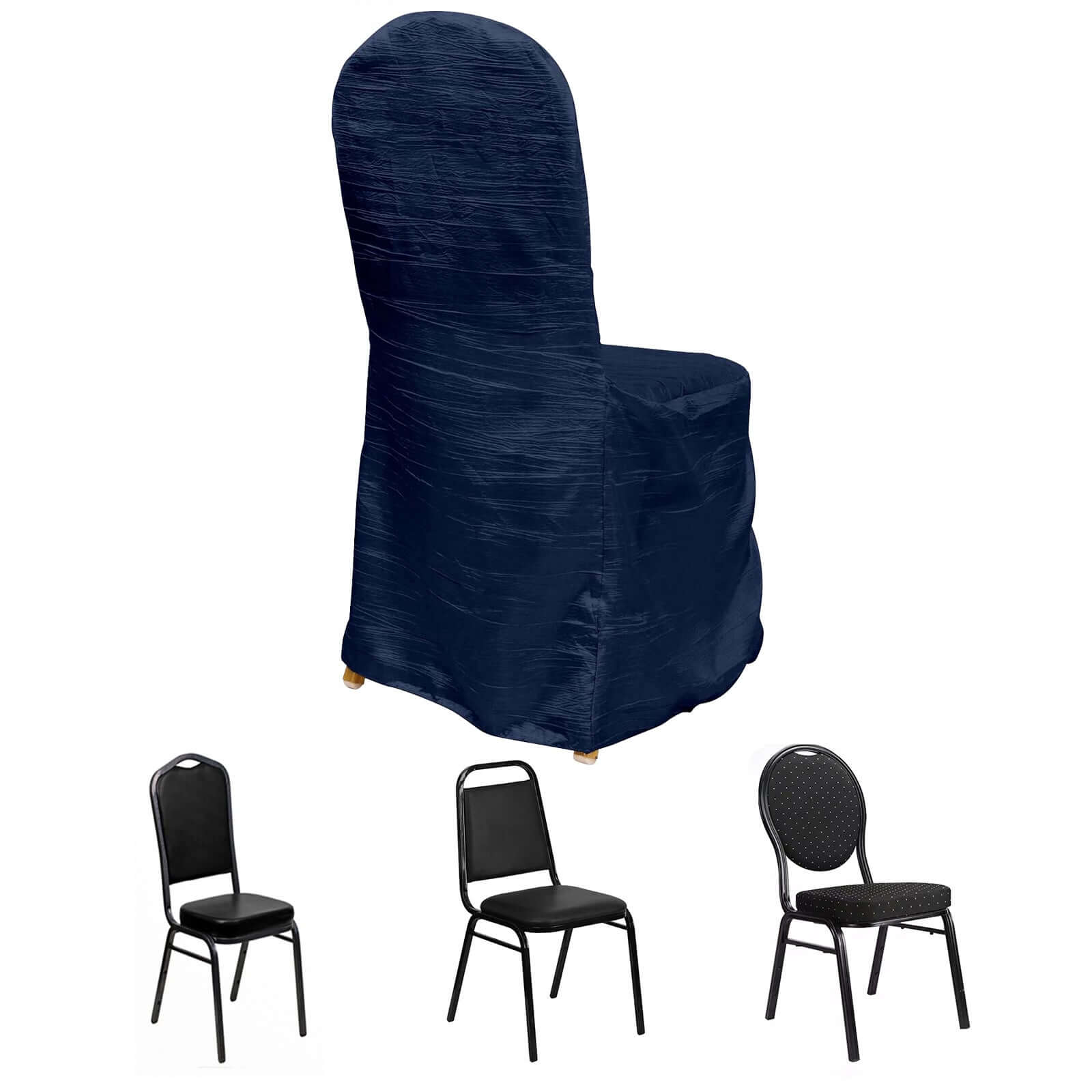 Crinkle Crushed Taffeta Banquet Chair Cover Navy Blue - Reusable Slipcover