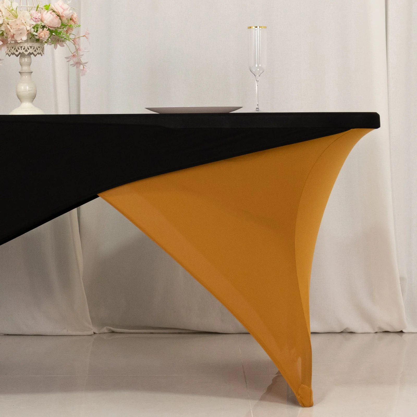 Stretch Spandex Rectangle Table Cover 72"x30" Black/Gold - Cross Over Two-Piece Fitted Tablecloth - Image 2