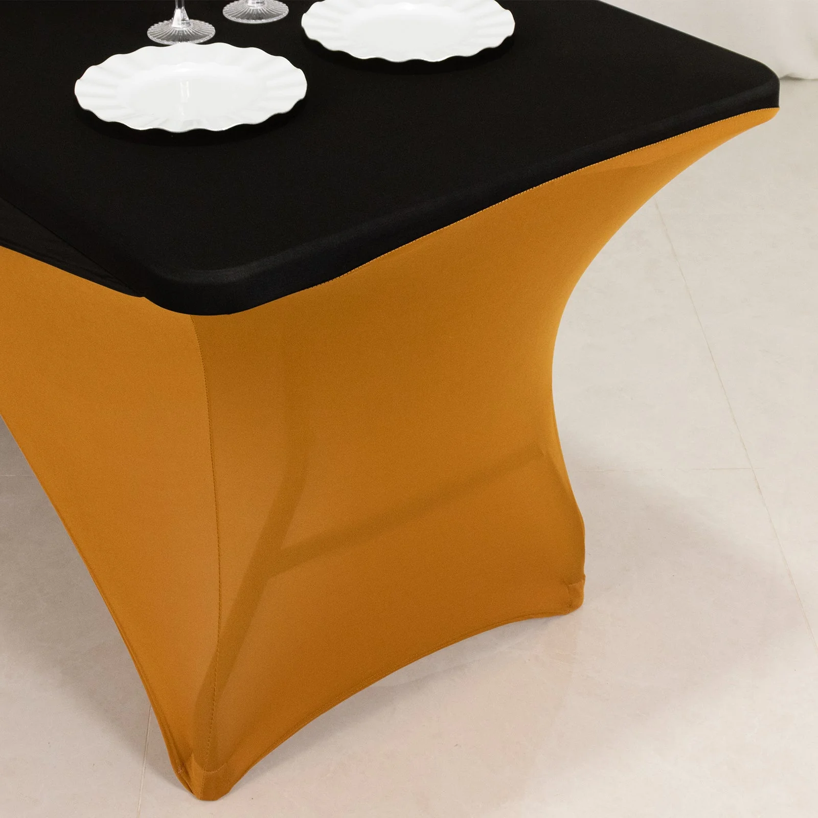 Stretch Spandex Rectangle Table Cover 72"x30" Black/Gold - Cross Over Two-Piece Fitted Tablecloth - Image 6