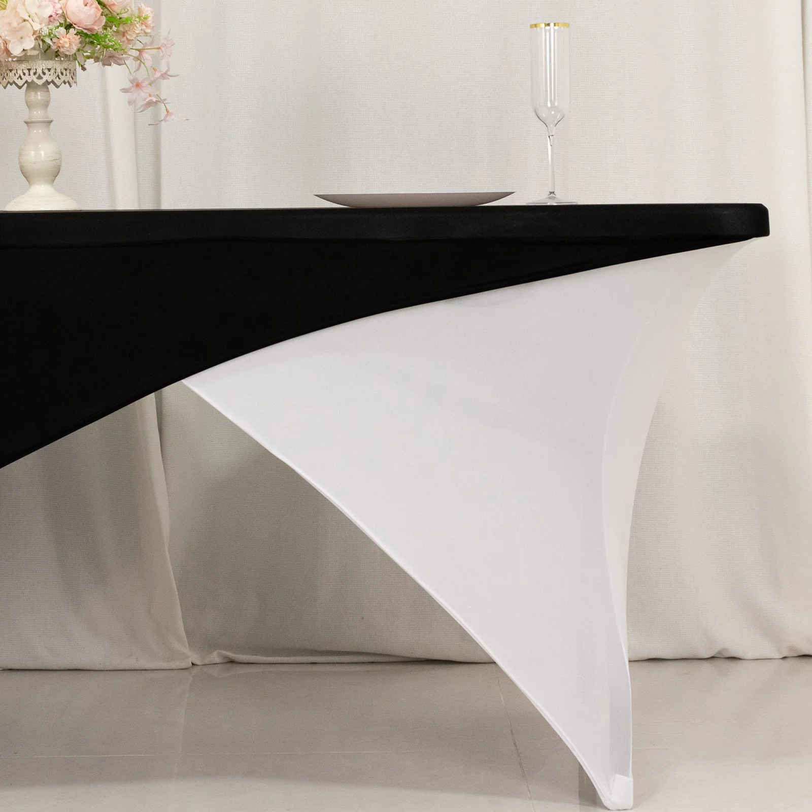 Stretch Spandex Rectangle Table Cover 72"x30" Black/White Cross Over Design - Versatile & Stylish Two-Piece Fitted Tablecloth with Elastic Foot Pockets - Image 2