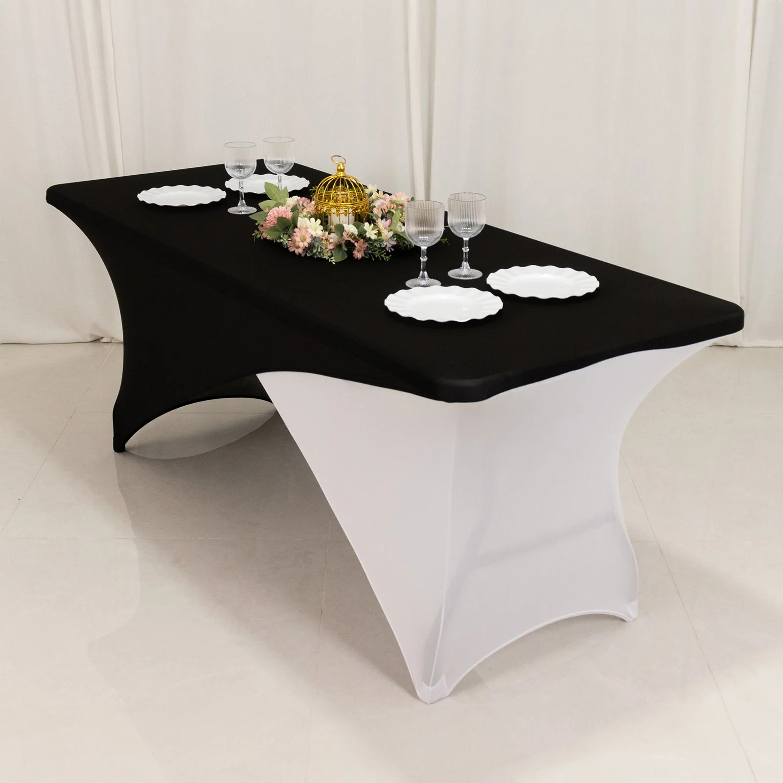 Stretch Spandex Rectangle Table Cover 72"x30" Black/White Cross Over Design - Versatile & Stylish Two-Piece Fitted Tablecloth with Elastic Foot Pockets - Image 5