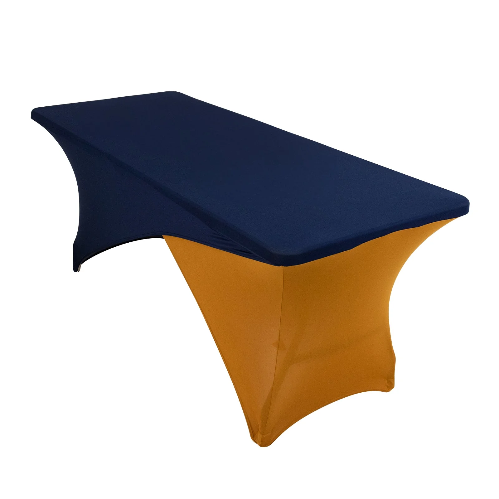 Stretch Spandex Rectangle Table Cover 72"x30" Navy Blue/Gold - Cross Over Two-Piece Fitted Tablecloth - Image 3