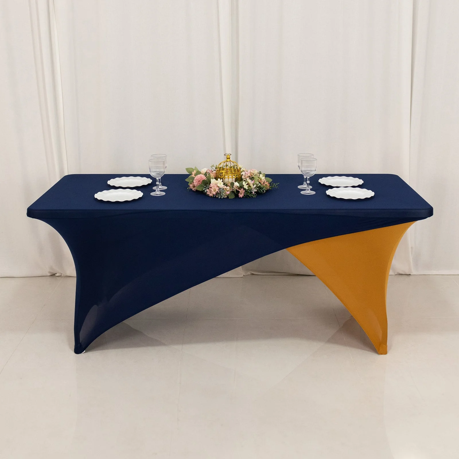 Stretch Spandex Rectangle Table Cover 72"x30" Navy Blue/Gold - Cross Over Two-Piece Fitted Tablecloth - Image 4