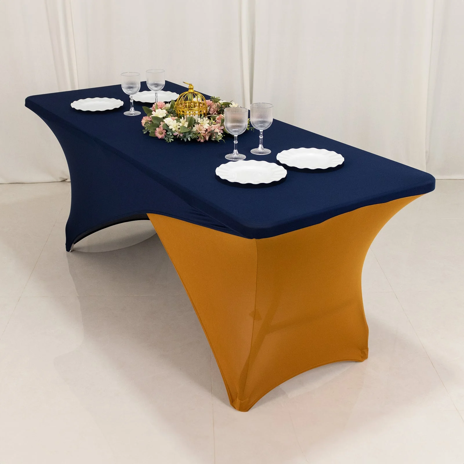 Stretch Spandex Rectangle Table Cover 72"x30" Navy Blue/Gold - Cross Over Two-Piece Fitted Tablecloth - Image 5