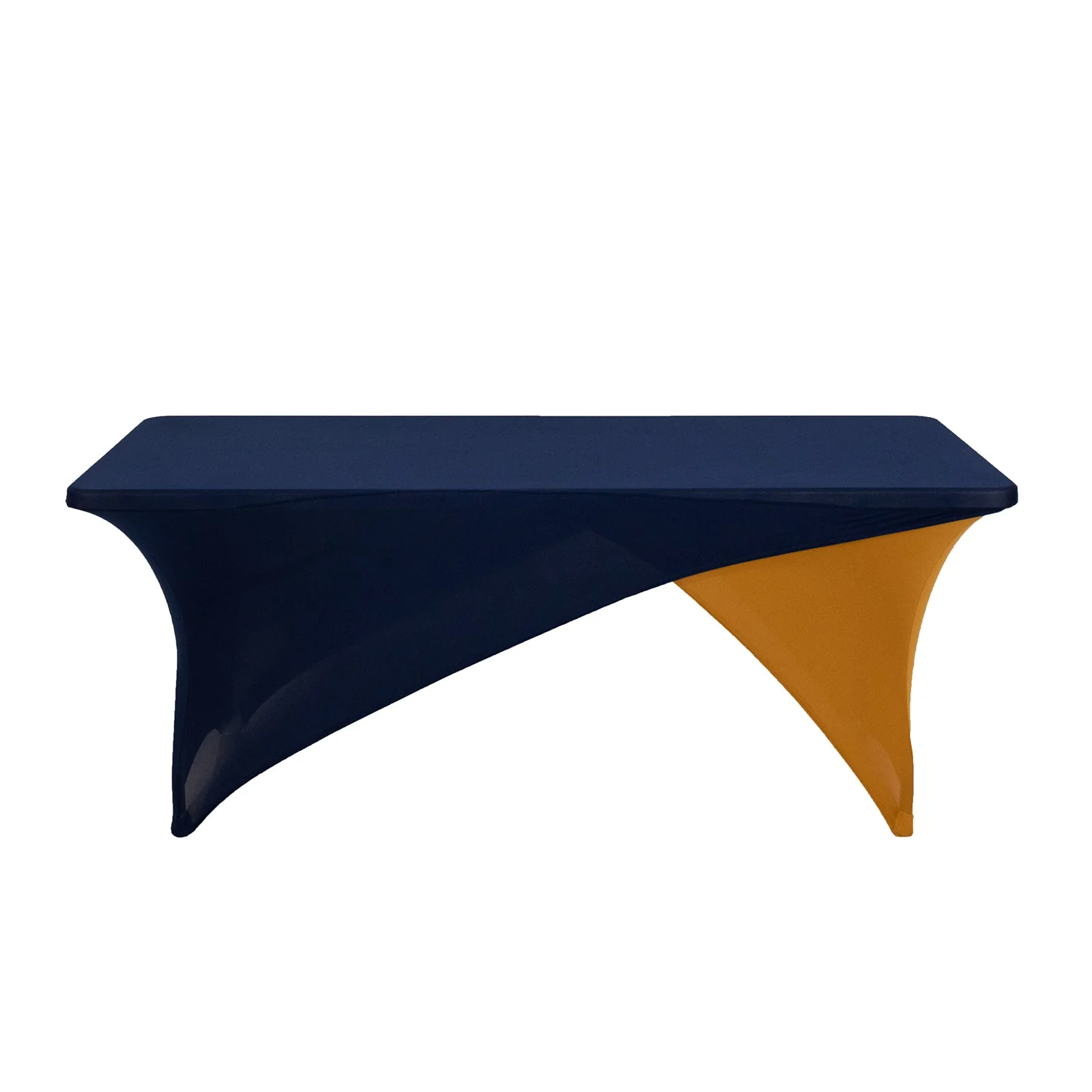 Stretch Spandex Rectangle Table Cover 72"x30" Navy Blue/Gold - Cross Over Two-Piece Fitted Tablecloth - Image 7