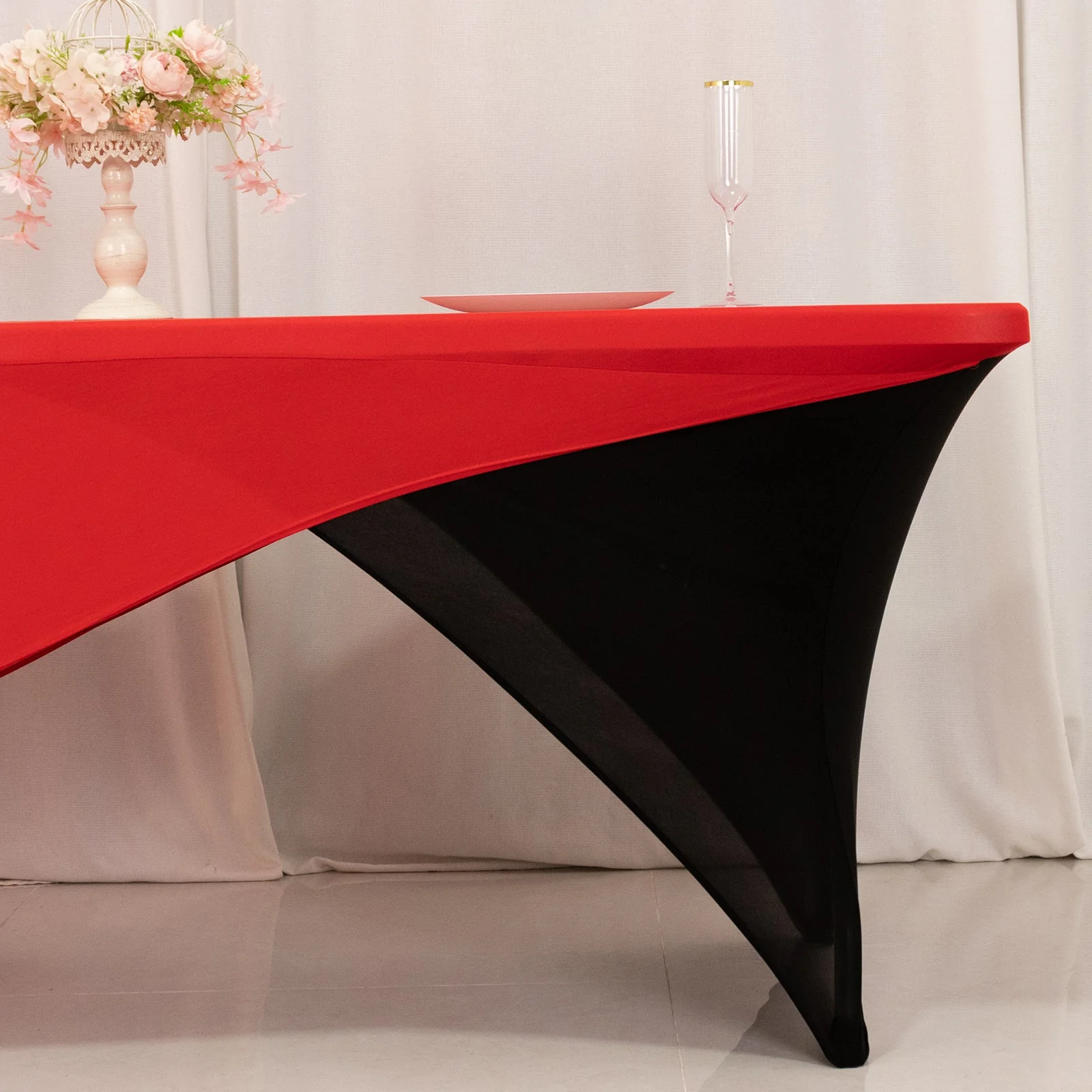Stretch Spandex Rectangle Table Cover 72"x30" Red/Black - Cross Over Two-Piece Fitted Tablecloth - Image 2