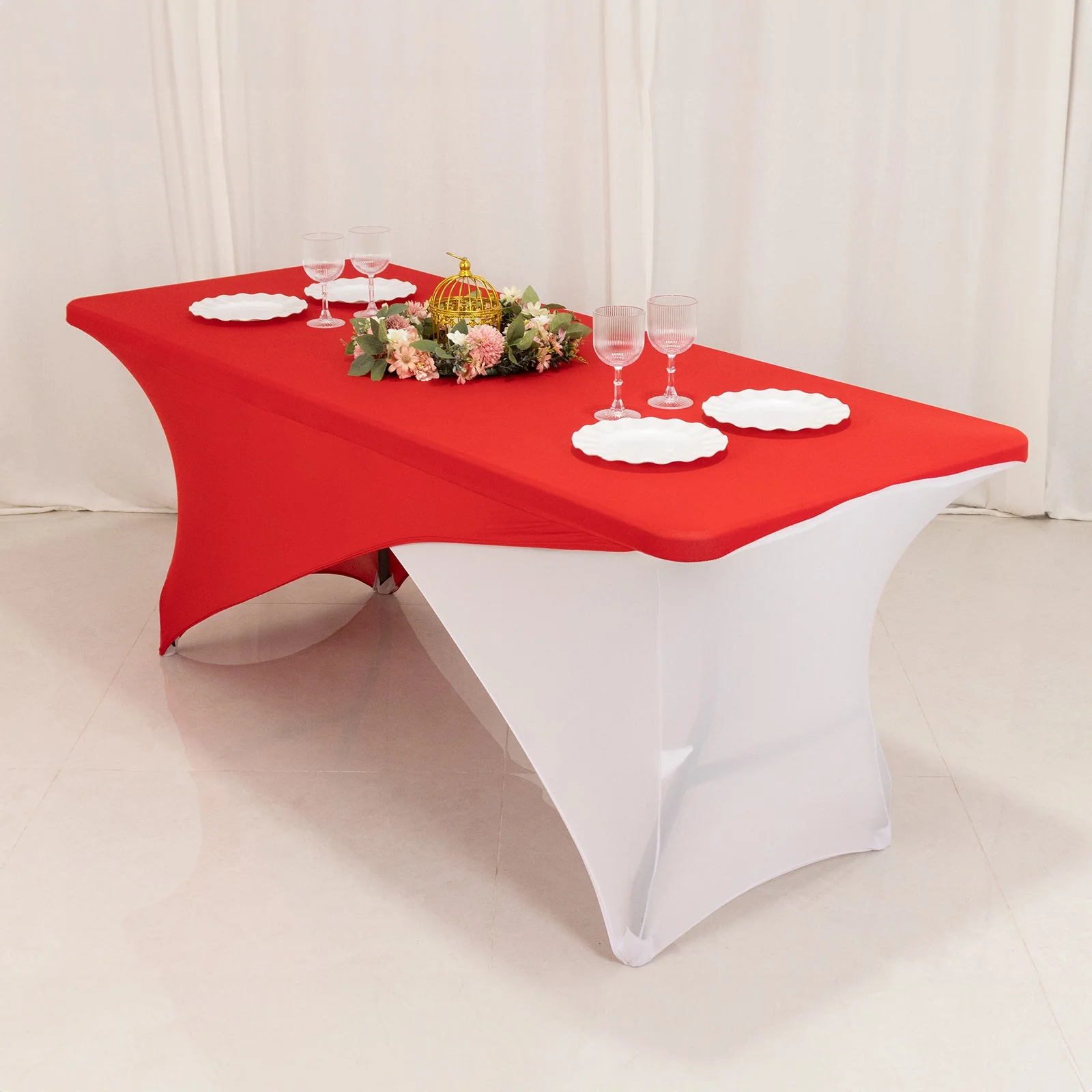 Stretch Spandex Rectangle Table Cover 72"x30" Red/White - Cross Over Two-Piece Fitted Tablecloth - Image 5