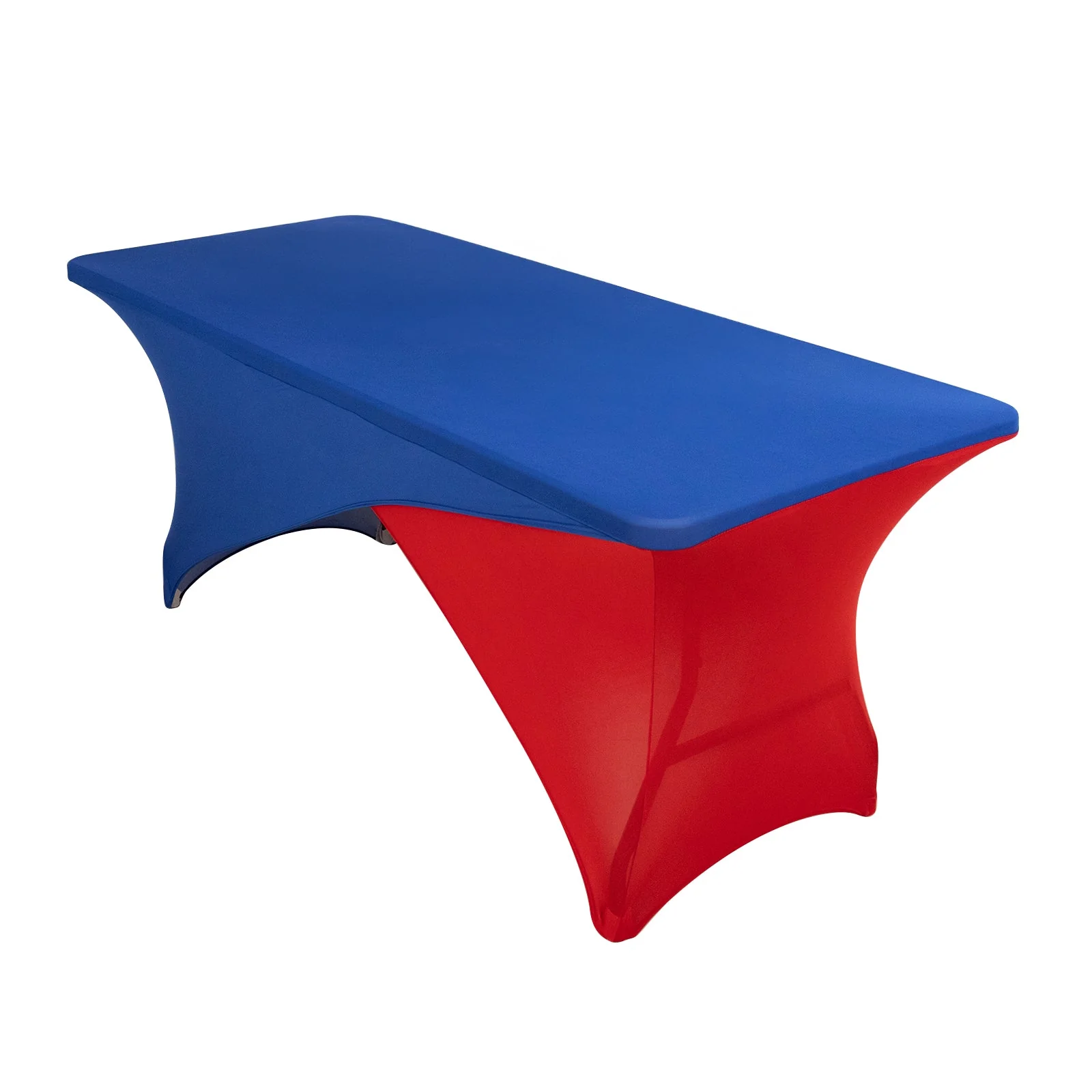 Stretch Spandex Rectangle Table Cover 72"x30" Royal Blue/Red - Cross Over Two-Piece Fitted Tablecloth - Image 3