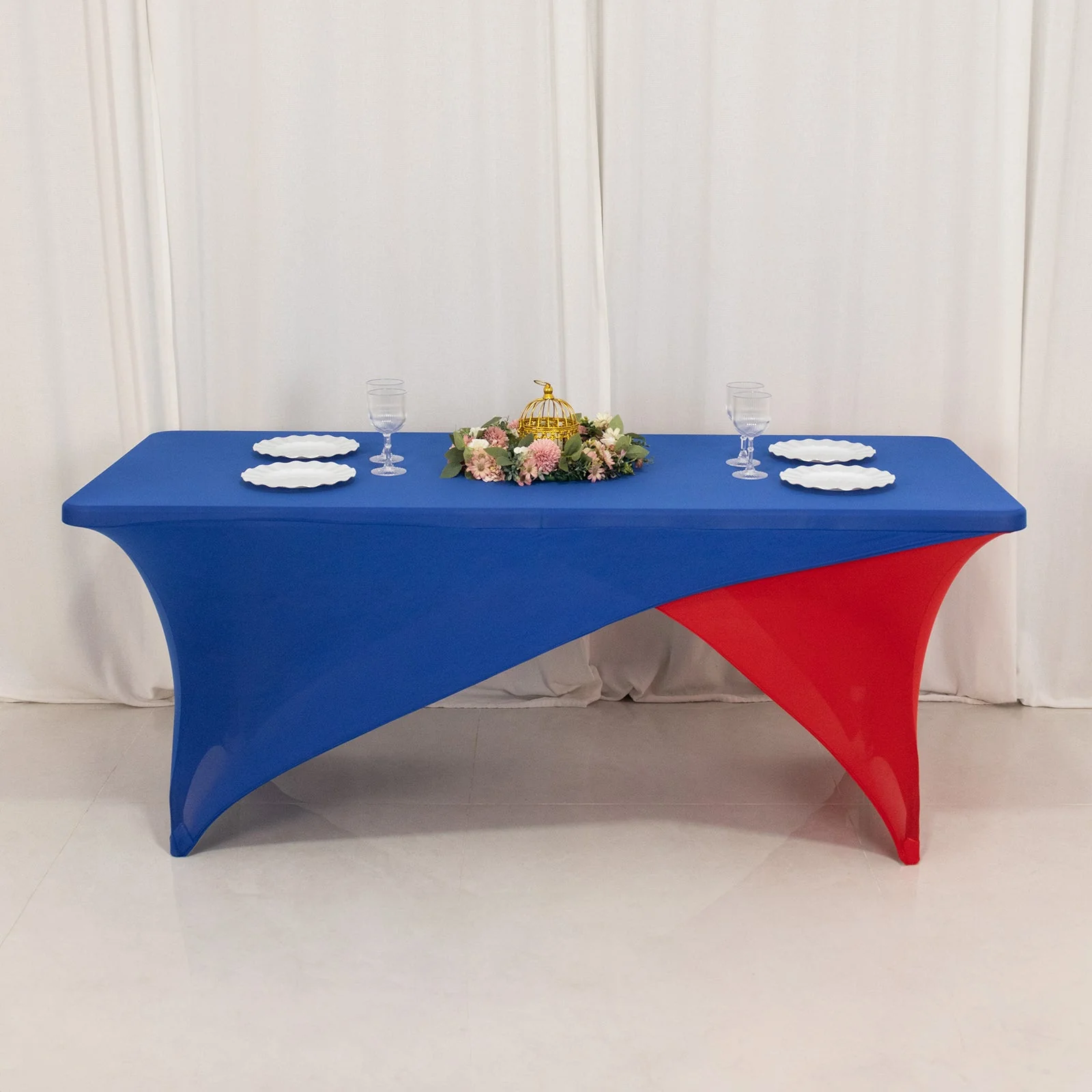 Stretch Spandex Rectangle Table Cover 72"x30" Royal Blue/Red - Cross Over Two-Piece Fitted Tablecloth - Image 4