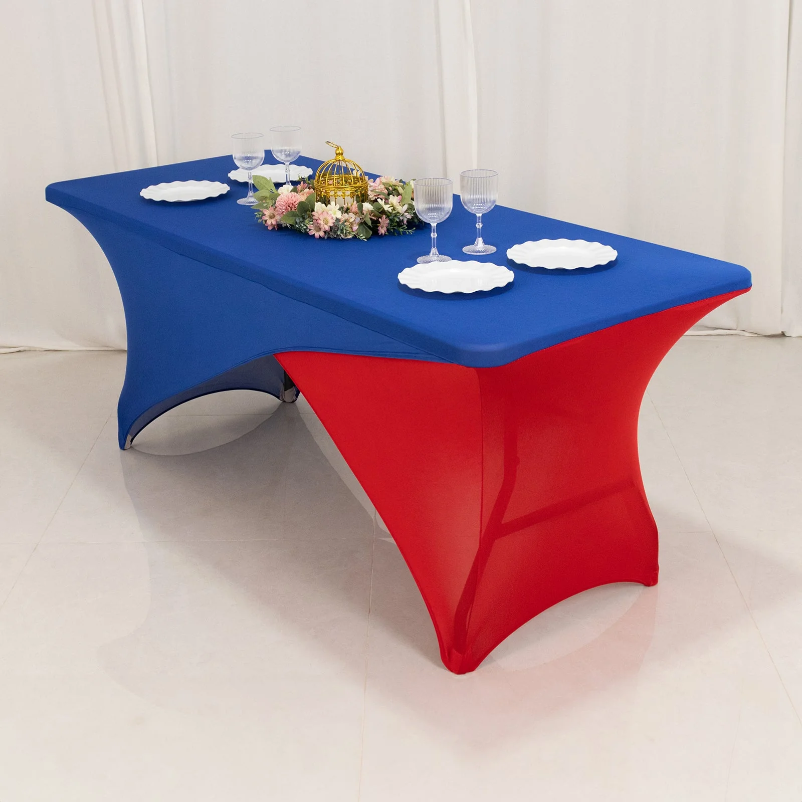 Stretch Spandex Rectangle Table Cover 72"x30" Royal Blue/Red - Cross Over Two-Piece Fitted Tablecloth - Image 5