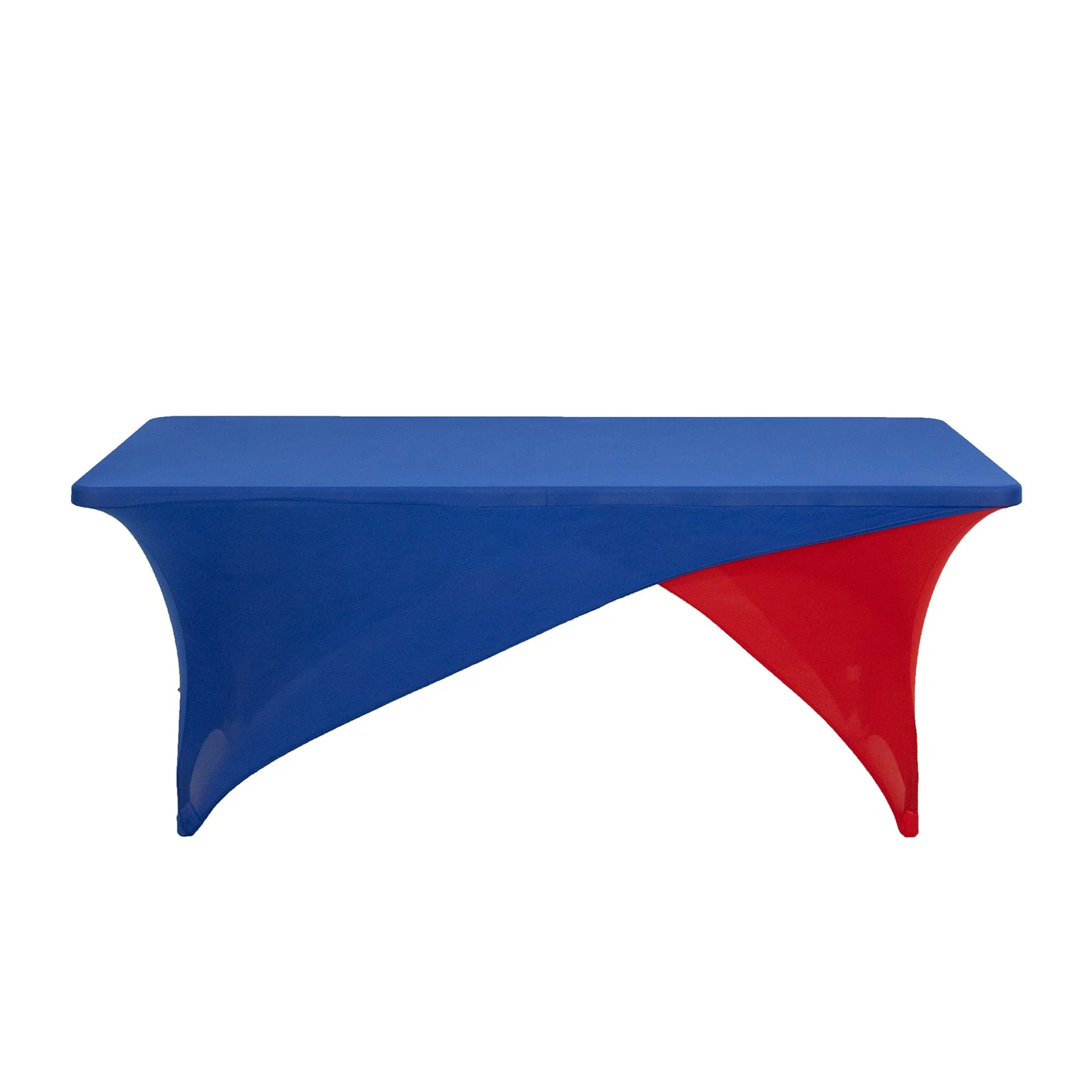 Stretch Spandex Rectangle Table Cover 72"x30" Royal Blue/Red - Cross Over Two-Piece Fitted Tablecloth - Image 7