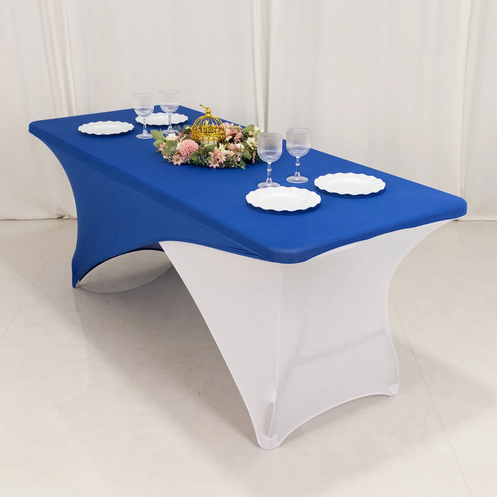 Stretch Spandex Rectangle Table Cover 72"x30" Royal Blue/White - Cross Over Two-Piece Fitted Tablecloth - Image 5