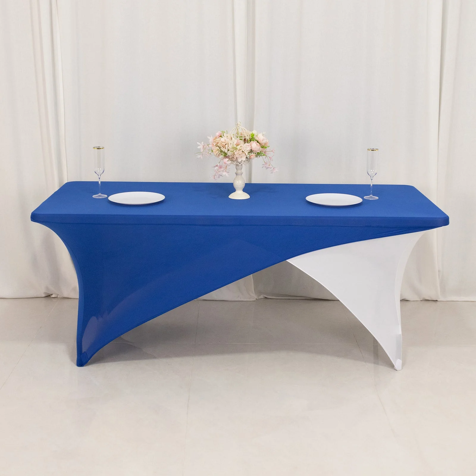 Stretch Spandex Rectangle Table Cover 72"x30" Royal Blue/White - Cross Over Two-Piece Fitted Tablecloth - Image 6