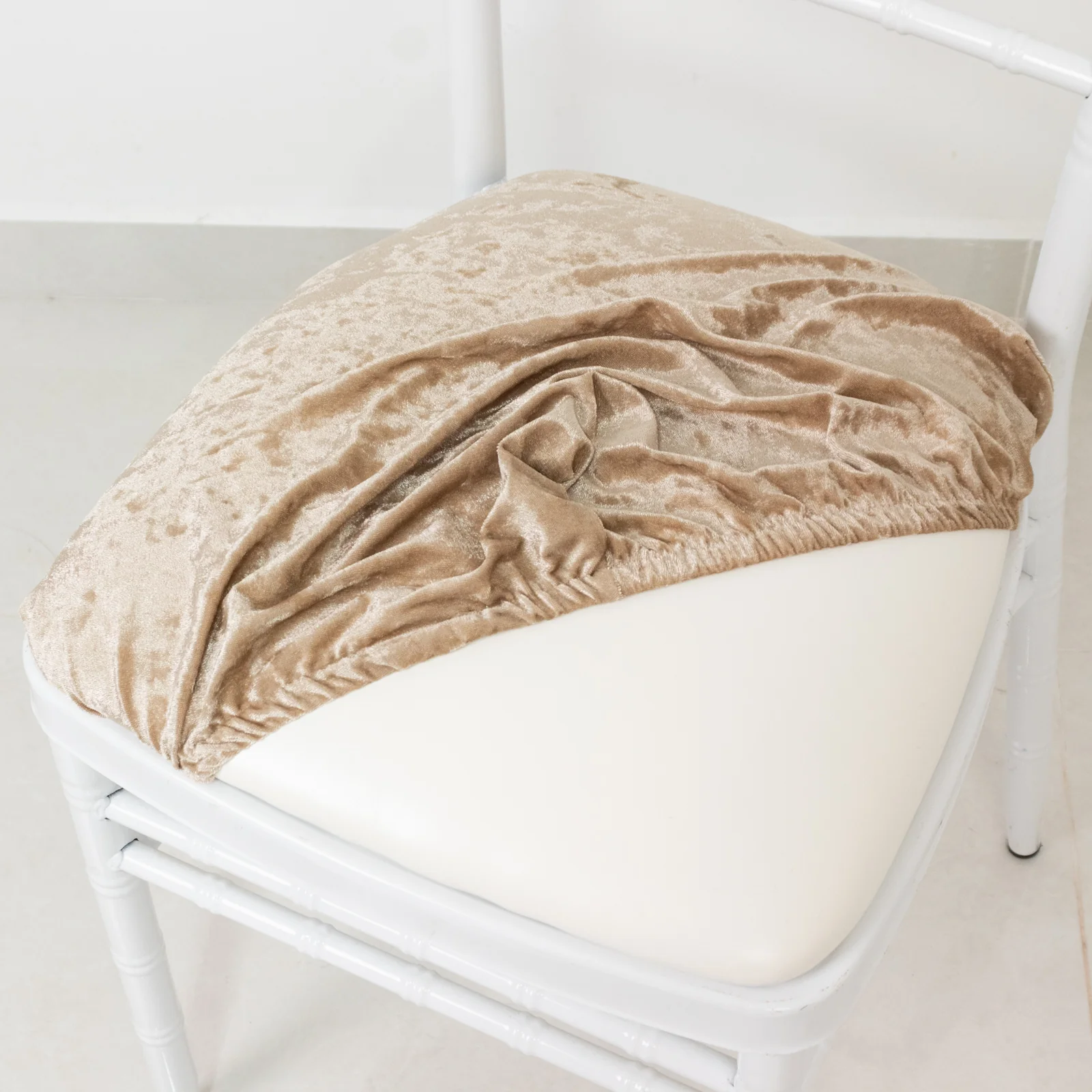 5 Pack Crushed Velvet Chiavari Chair Seat Pad Covers – Beige Stretch Cushion Slipcovers for Dining Chairs, Washable & Reusable - Image 2