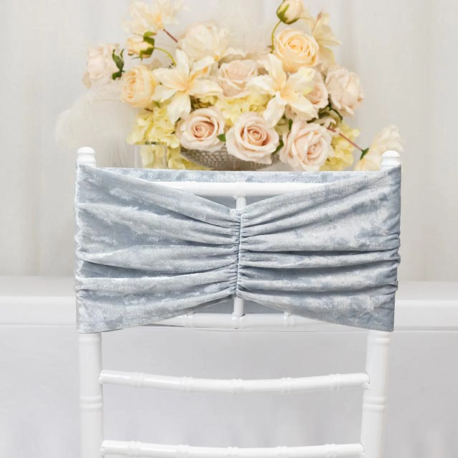 5 Pack Crushed Velvet Chair Sashes Dusty Blue, Wide Ruffle Style Textured Decorative Chair Bands - 8"x15"