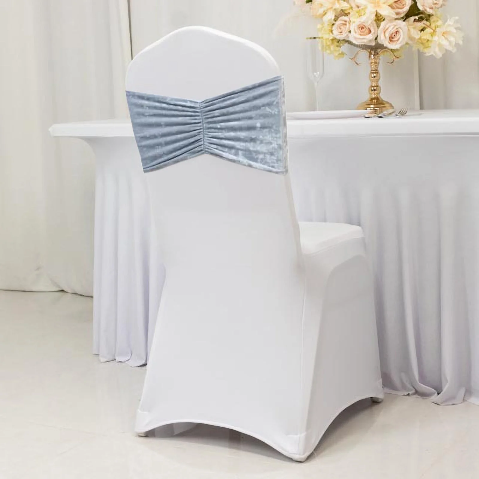 5 Pack Crushed Velvet Chair Sashes Dusty Blue, Wide Ruffle Style Textured Decorative Chair Bands - 8"x15" - Image 2