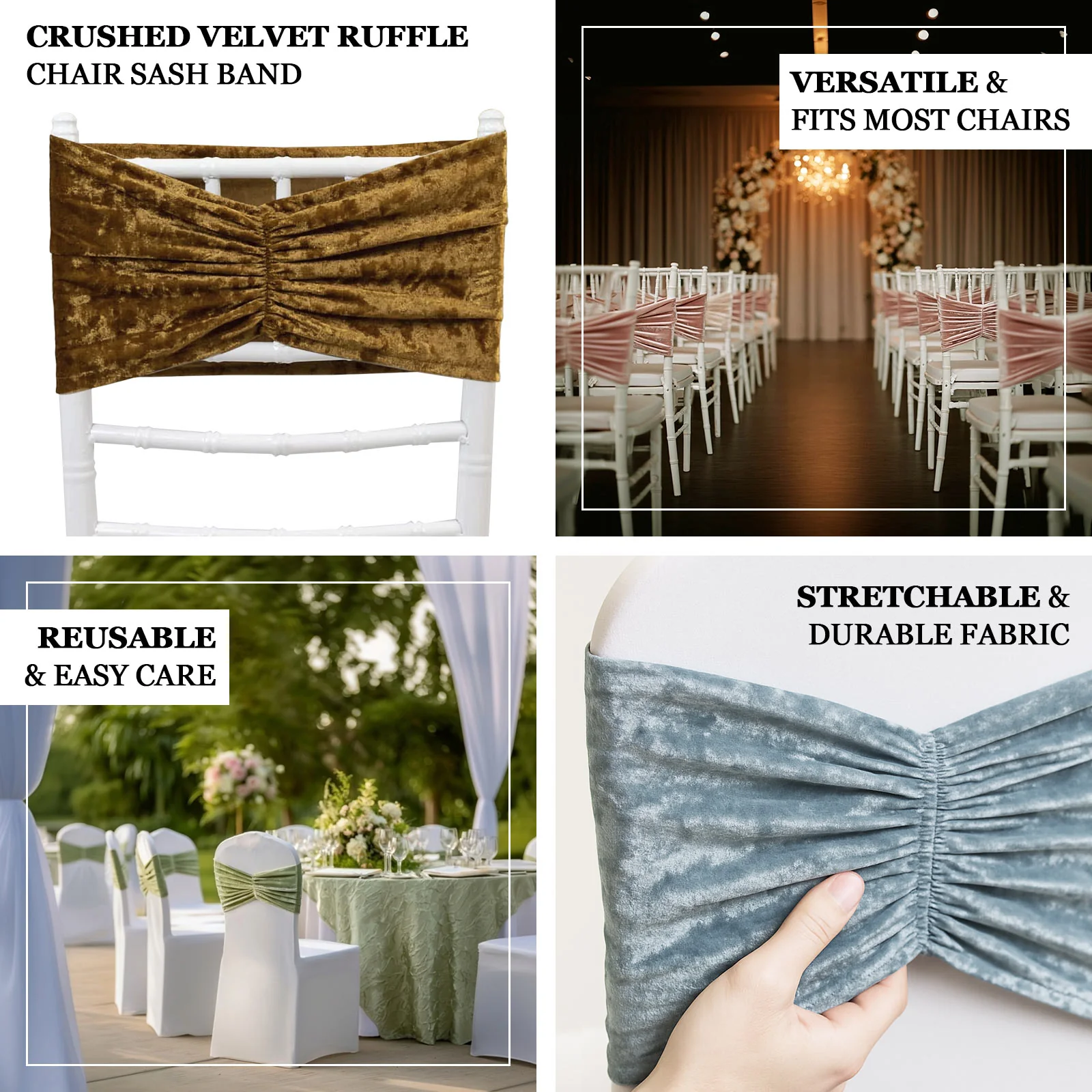 5 Pack Crushed Velvet Chair Sashes Dusty Blue, Wide Ruffle Style Textured Decorative Chair Bands - 8"x15" - Image 4