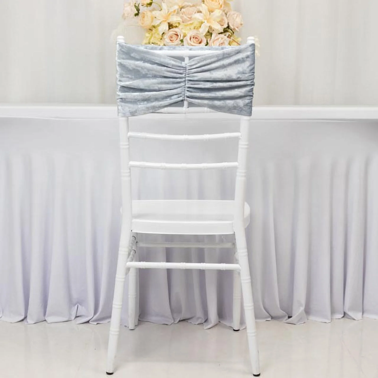 5 Pack Crushed Velvet Chair Sashes Dusty Blue, Wide Ruffle Style Textured Decorative Chair Bands - 8"x15" - Image 6